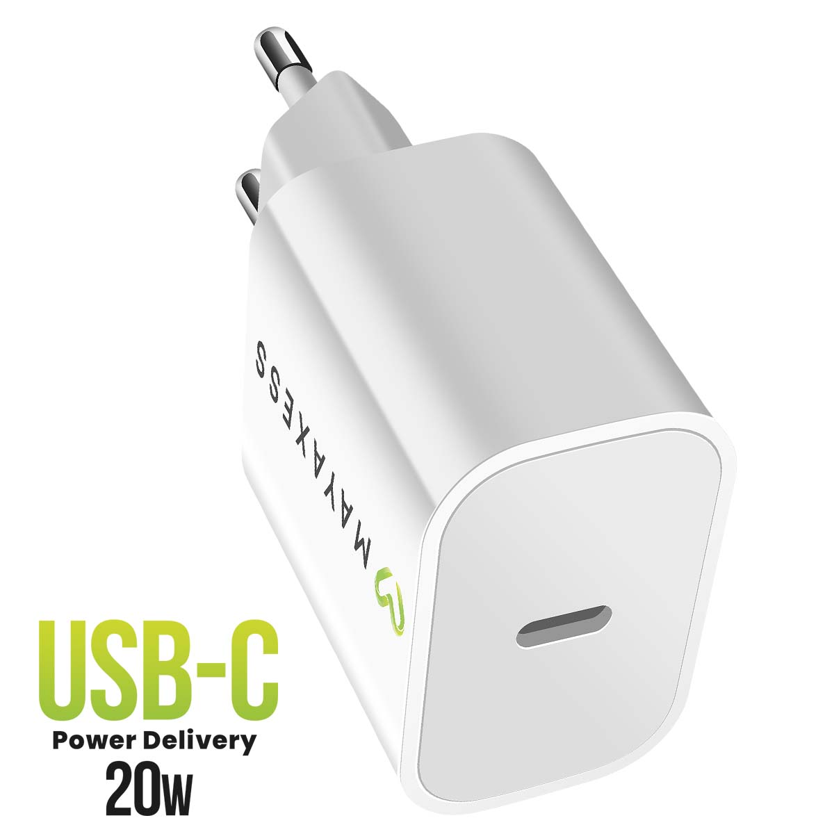 Un adattatore di alimentazione USB-C bianco con il marchio MAYAXESS e dettagli di erogazione. L'adattatore ha 20W.