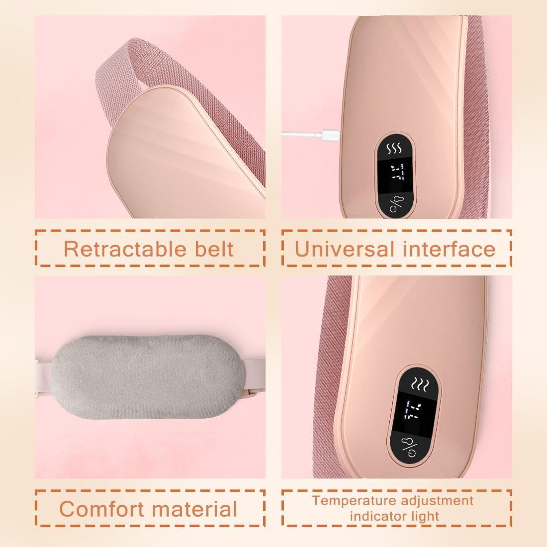 Produktaufnahmen eines Heizkissens mit ausziehbarem Gurt, universeller Schnittstelle, Komfortmaterial und Temperaturanzeige.