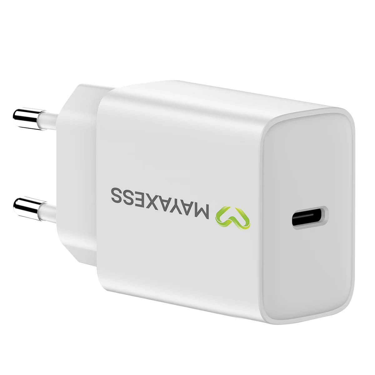 Un caricatore per telefono Mayaxess bianco con porta USB-C. Ha due spine per il muro e un logo verde.