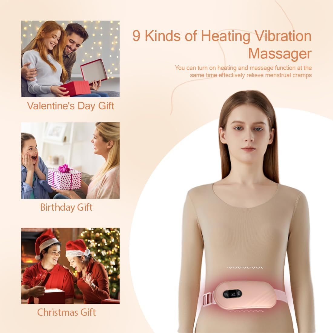 Das Bild zeigt eine Frau mit einem rosa Massagegürtel. Es bewirbt ein Massagegerät für Menstruationsbeschwerden und zeigt Geschenke.