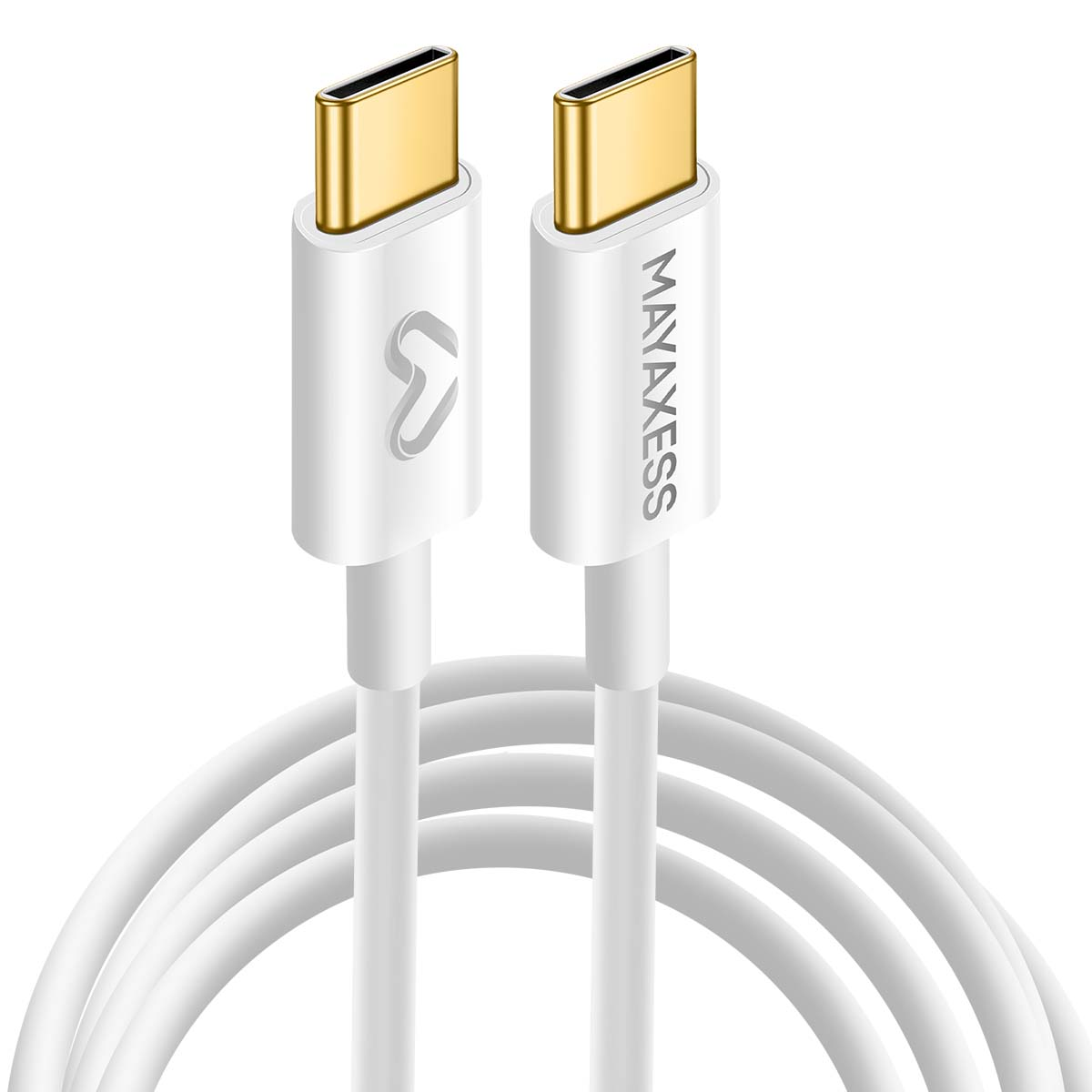 Deux câbles USB-C blancs avec des connecteurs dorés. Un câble a un logo, l'autre la marque MAYAXESS. Câbles enroulés.