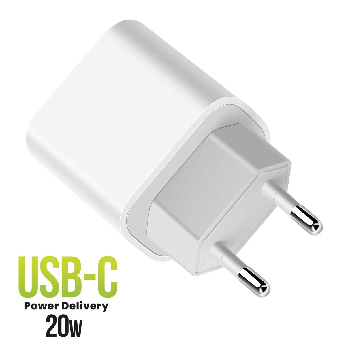 Un adattatore di alimentazione USB-C bianco con due pin. Il testo dice: USB-C, Power Delivery, 20W.
