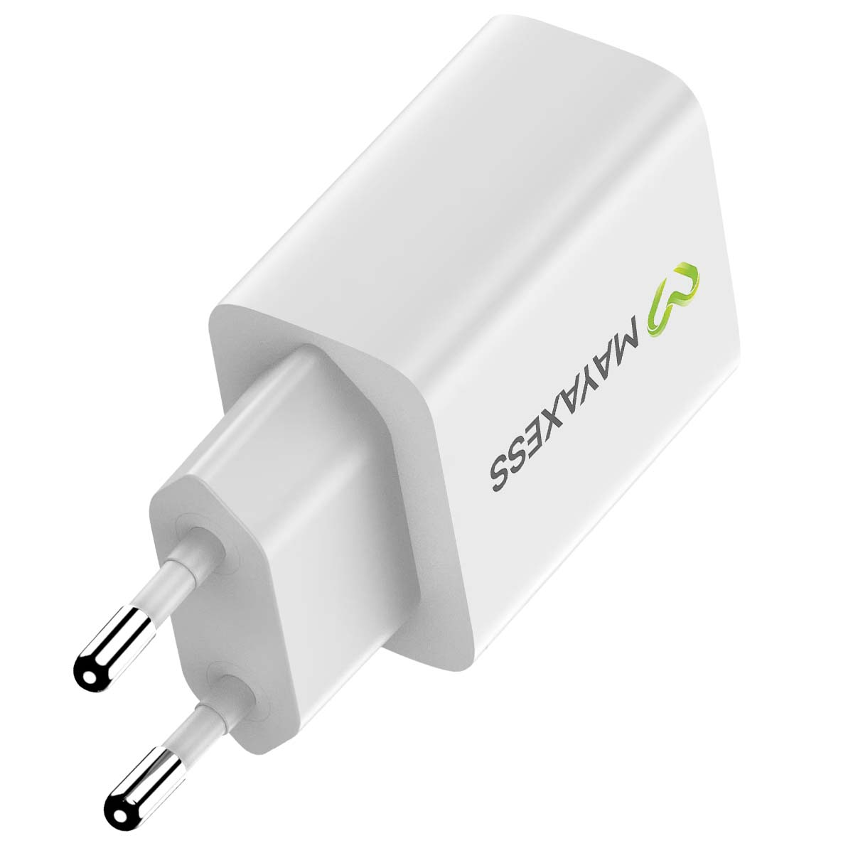 Un caricabatterie Mayaxess bianco con spine argentate. Il caricabatterie ha un logo verde. Il logo e il marchio sono stampati sul caricabatterie.