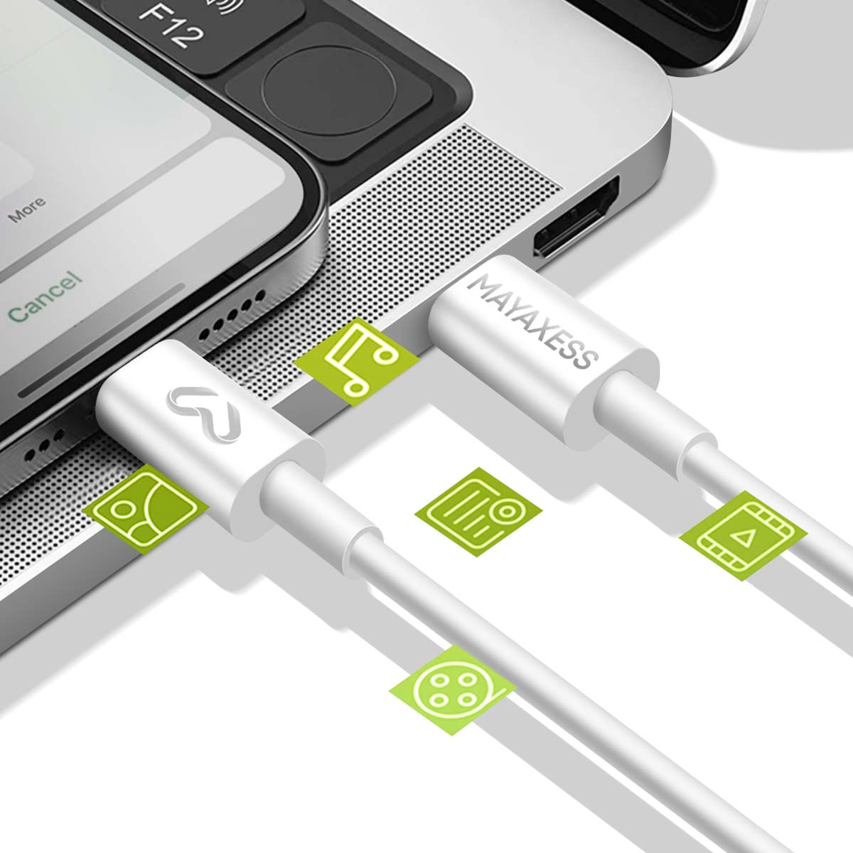Un cavo USB-C bianco è collegato a un laptop e a un telefono. Icone verdi rappresentano varie funzioni.