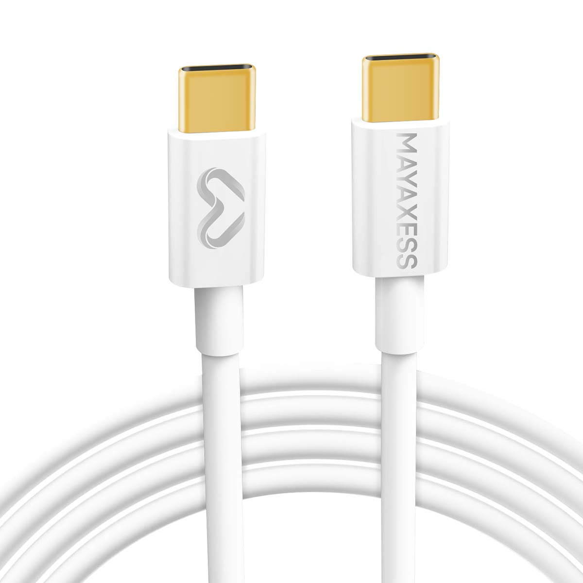 Due cavi USB-C bianchi con connettori dorati. Uno ha un logo, l'altro legge 'MAYAXESS'.