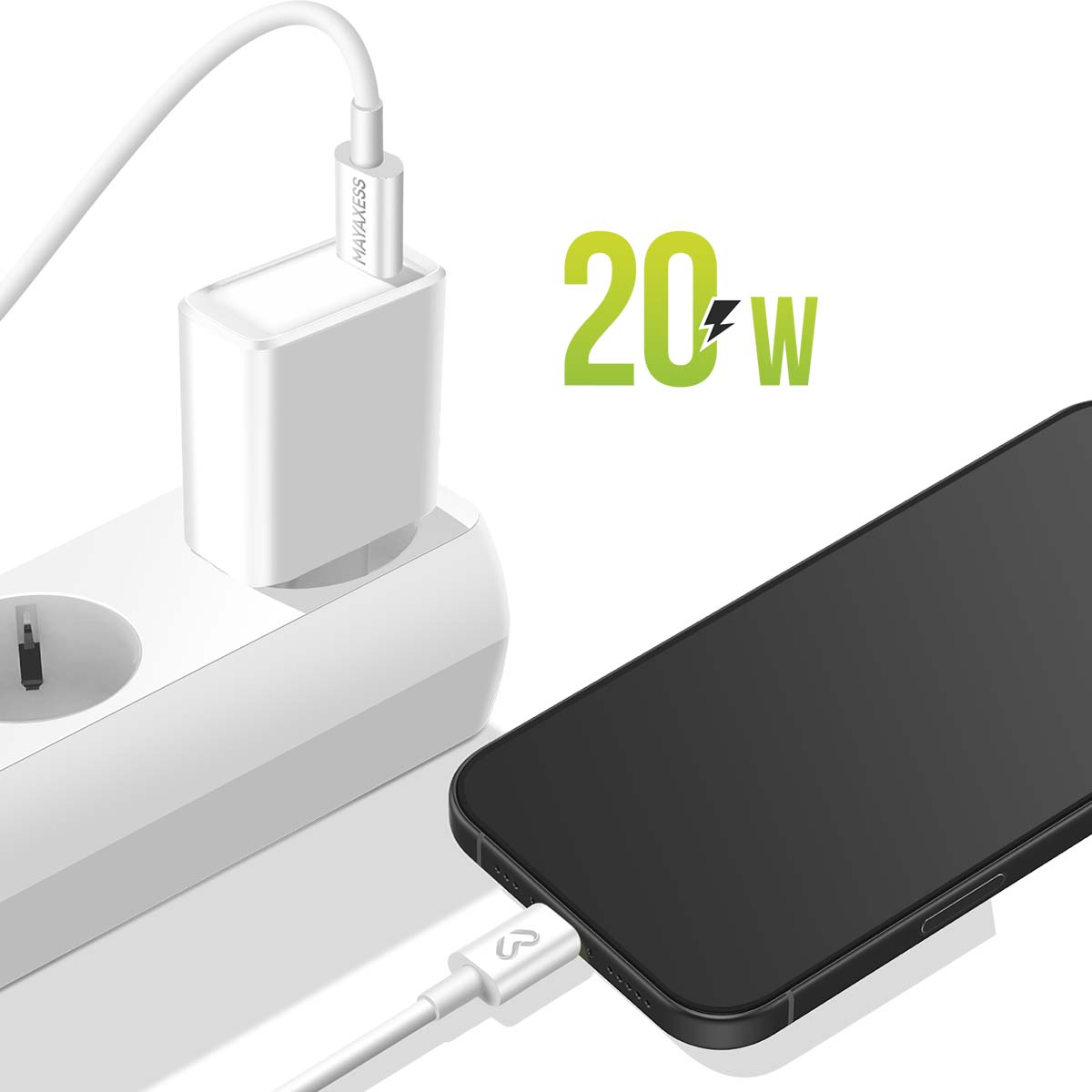 Un caricabatterie bianco collegato a una presa a muro, con un cavo bianco collegato a uno smartphone nero. Un cartello da 20 W è sulla destra.