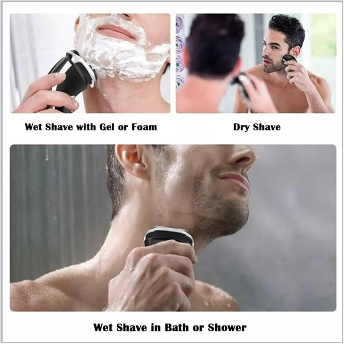 Drei Bilder zeigen Männer beim Rasieren. Einer verwendet Schaum, ein anderer rasiert sich trocken, der dritte rasiert sich unter der Dusche.