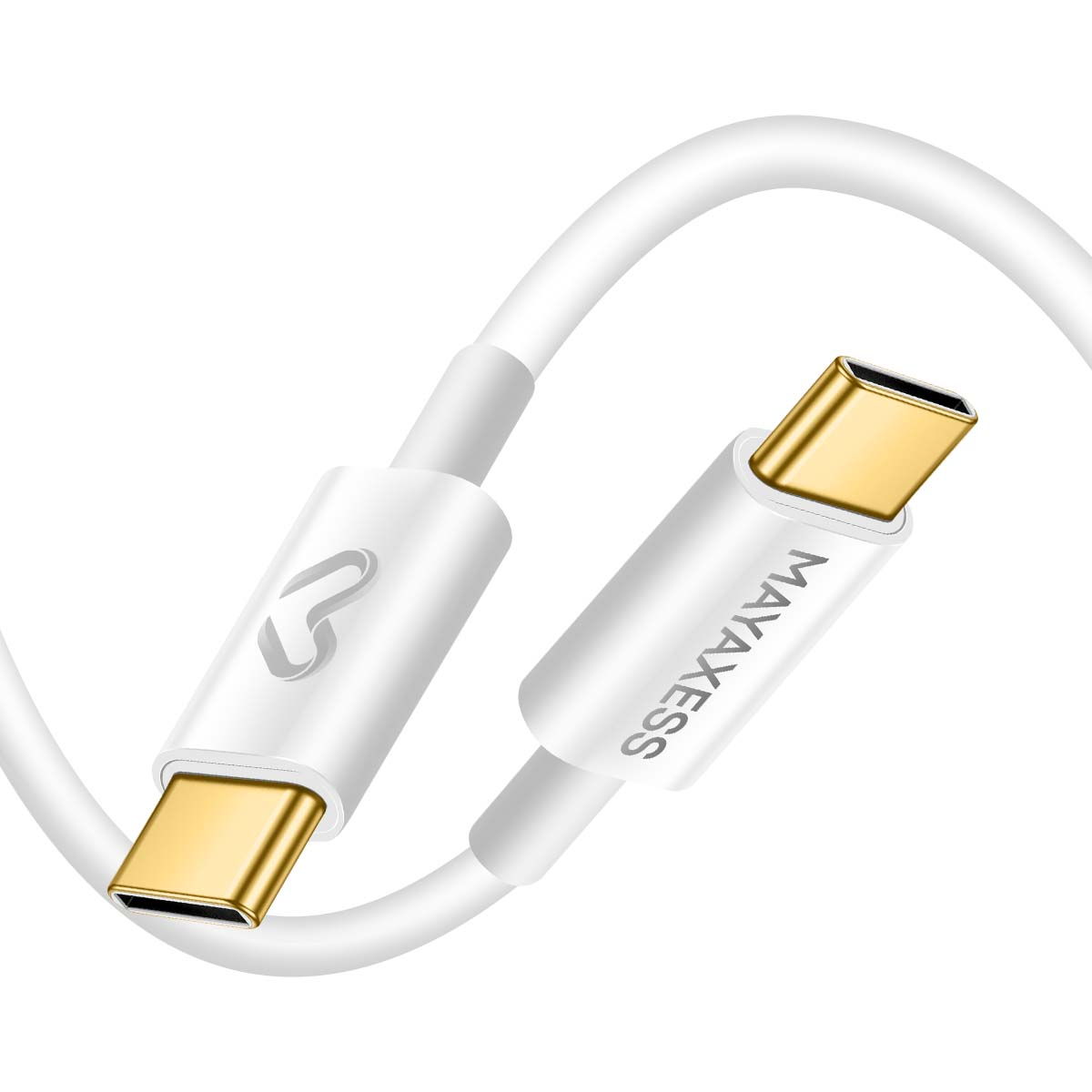 Un cavo USB-C bianco con connettori dorati. Il marchio MAYAXESS è stampato sul cavo. Il cavo è su uno sfondo bianco.