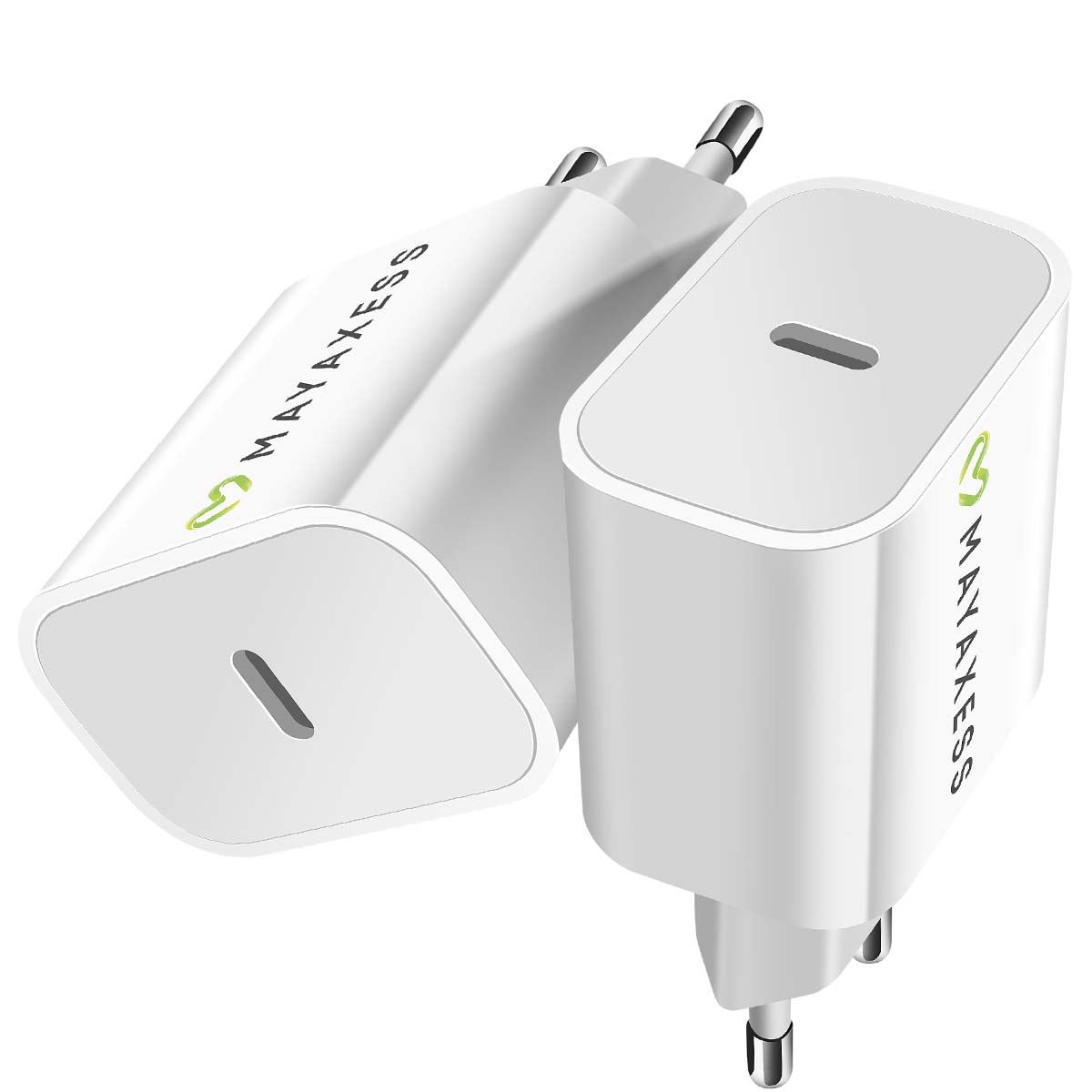 Due caricabatterie per telefono MAYAXESS bianchi. Ogni caricatore ha una porta USB-C e due pin. Il marchio è verde.