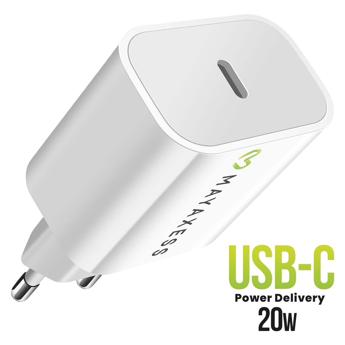 Un adattatore di alimentazione USB-C bianco con un logo verde. Il testo dice USB-C Power Delivery 20W. È visibile anche il marchio MAYAXESS.