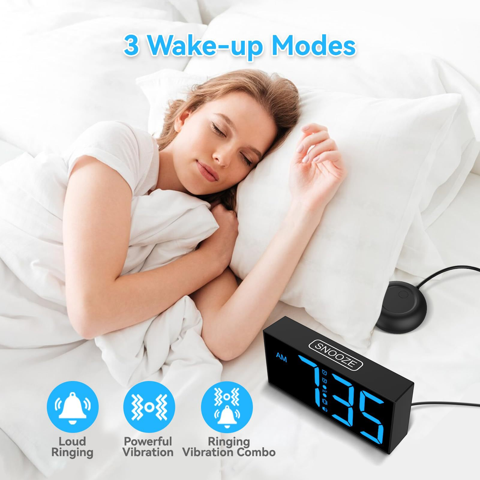 Frau im Bett mit Wecker. Der Wecker zeigt 7:35 Uhr an. Drei Weckmodi werden angezeigt: Klingeln, Vibration, Combo.