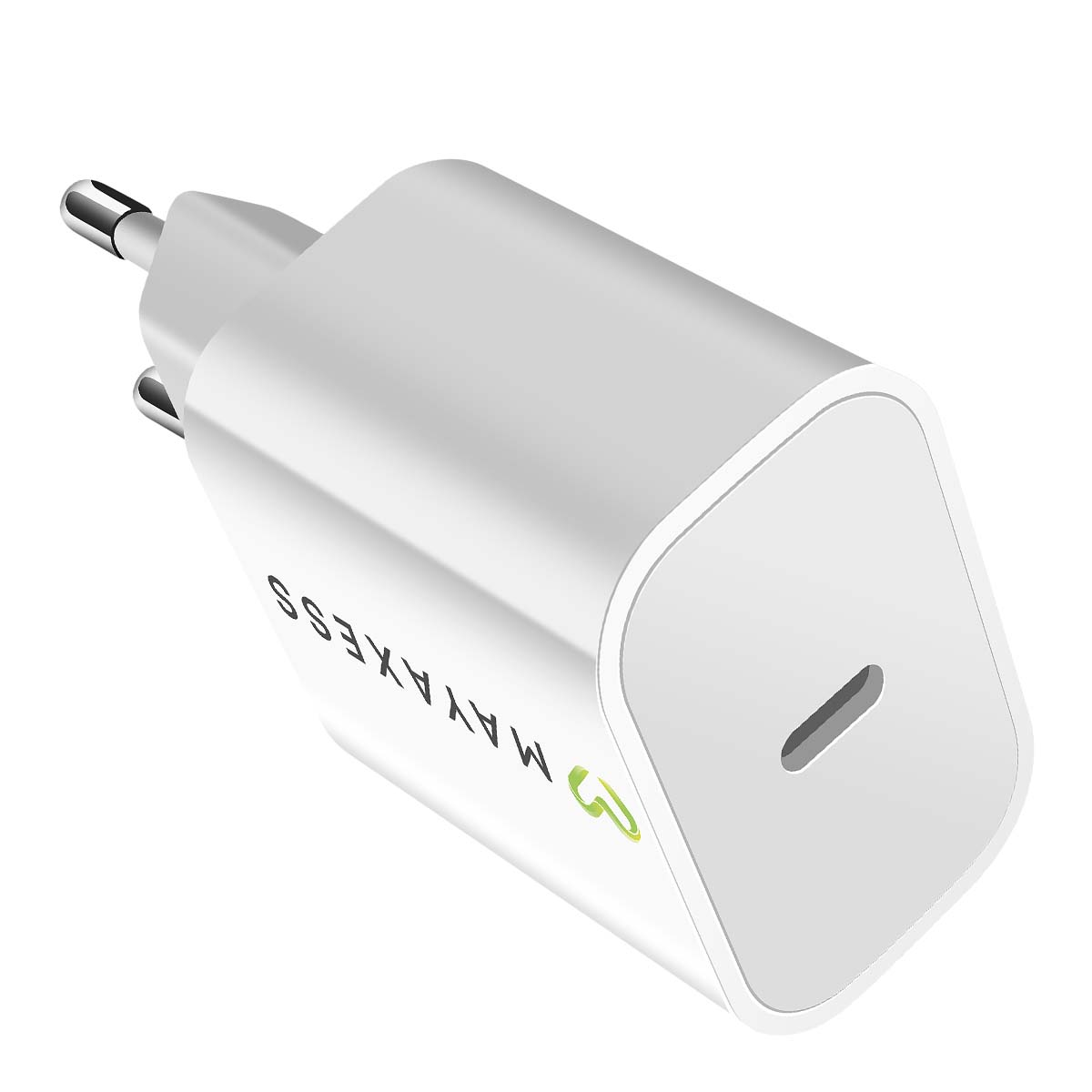 Un caricabatterie per telefono MAYAXESS bianco con una porta USB-C e due pin. Il logo è verde. Il caricabatterie è su sfondo bianco.