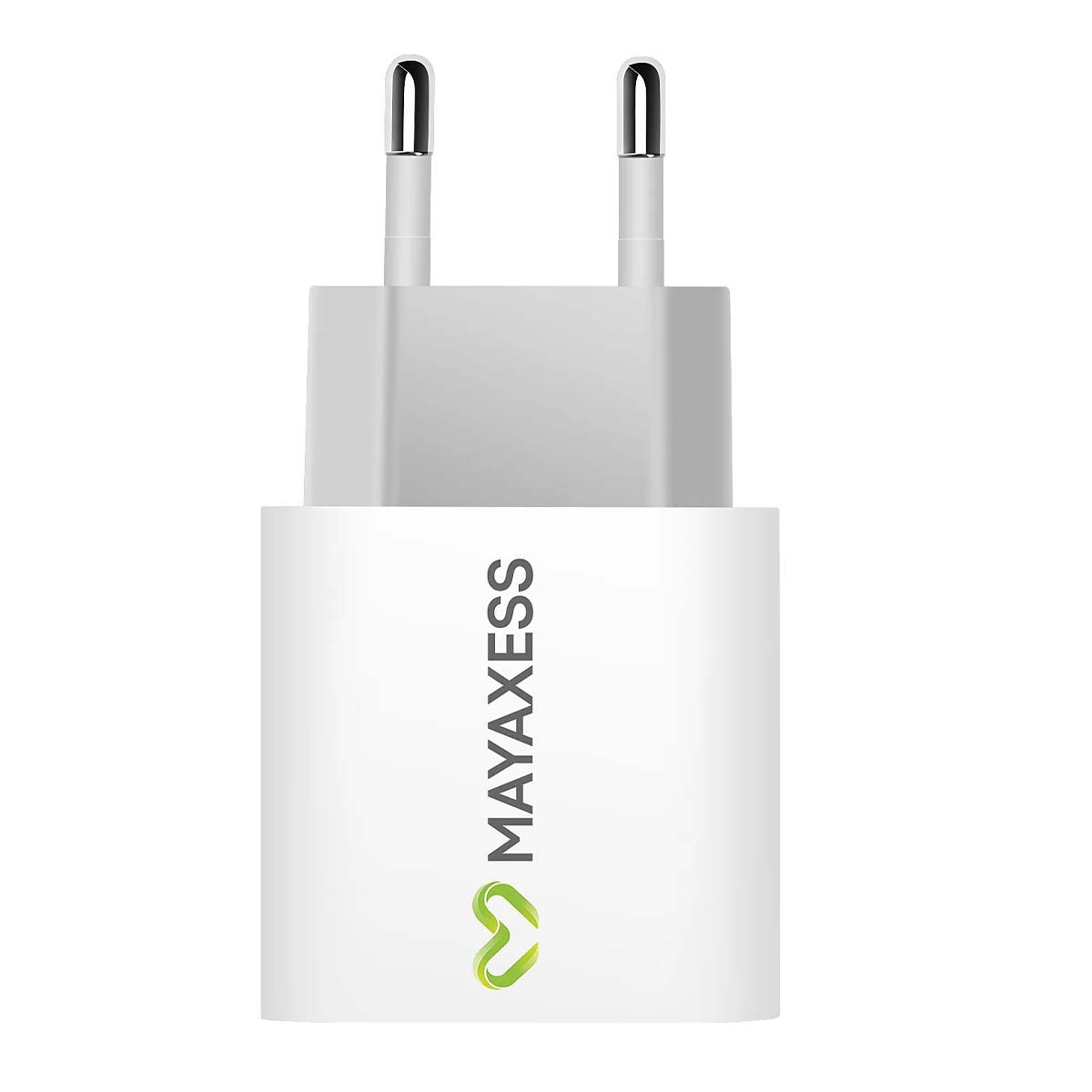 Un caricabatterie bianco con due spine metalliche. Il caricabatterie ha il marchio "MAYAXESS" e un logo verde.