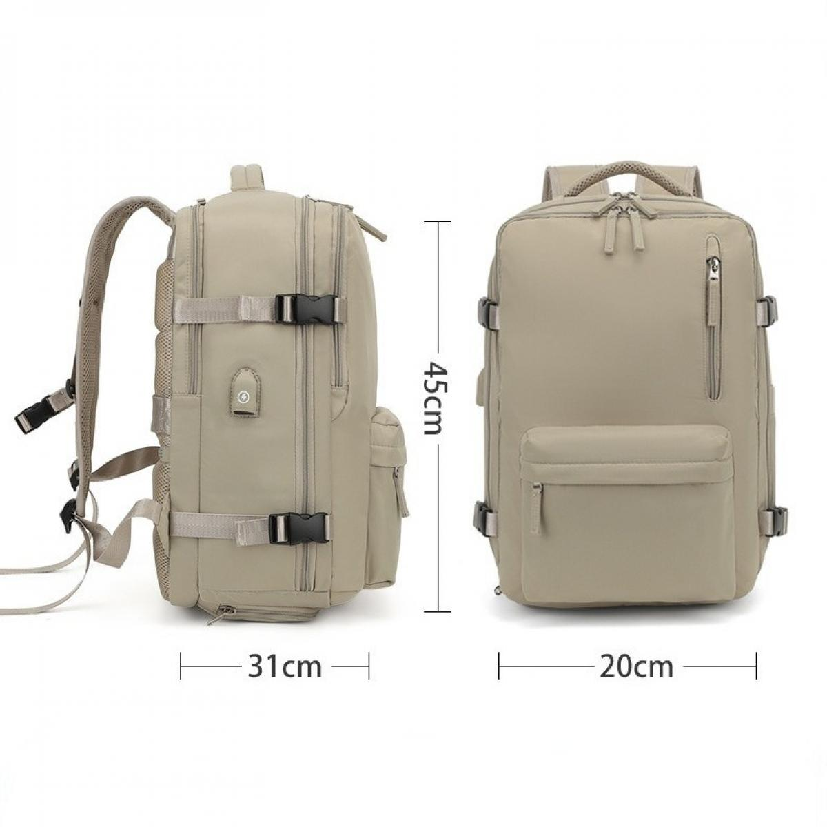 Zwei beige Rucksäcke, einer von der Seite und einer von vorne. Abmessungen: 45 cm Höhe, 31 cm Breite und 20 cm Breite.