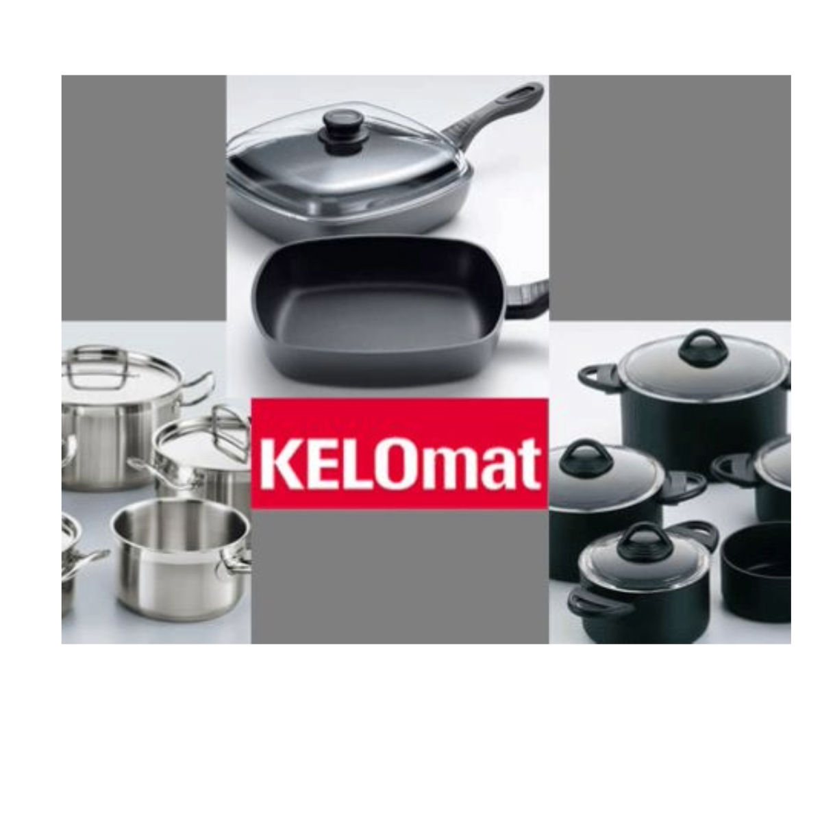 Sortiment an Kochgeschirr, einschließlich Töpfen und Pfannen. Edelstahl- und schwarze Töpfe sind vorhanden, mit einem roten 'KELOmat'-Logo.