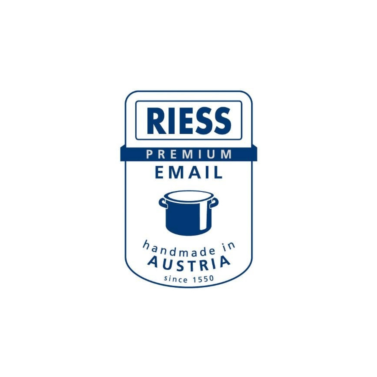 Das Bild ist ein Logo. Es hat das Wort "RIESS" oben, einen Topf in der Mitte und "handmade in AUSTRIA" unten.