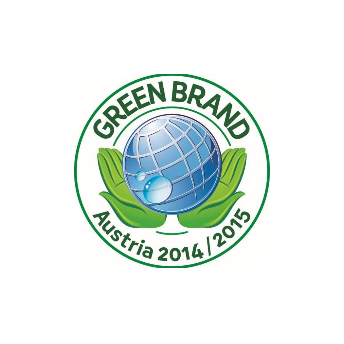 Logo von Green Brand Austria. Ein Globus wird von grünen Händen gehalten, umgeben von einem grünen Kreis mit 'GREEN BRAND' und 'Austria 2014/2015'.
