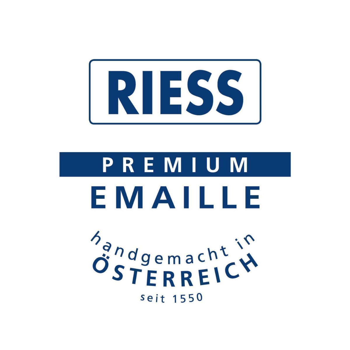 RIESS-Logo auf Weiß. Blauer Text: RIESS, PREMIUM EMAILLE, handgemacht in Österreich, seit 1550.