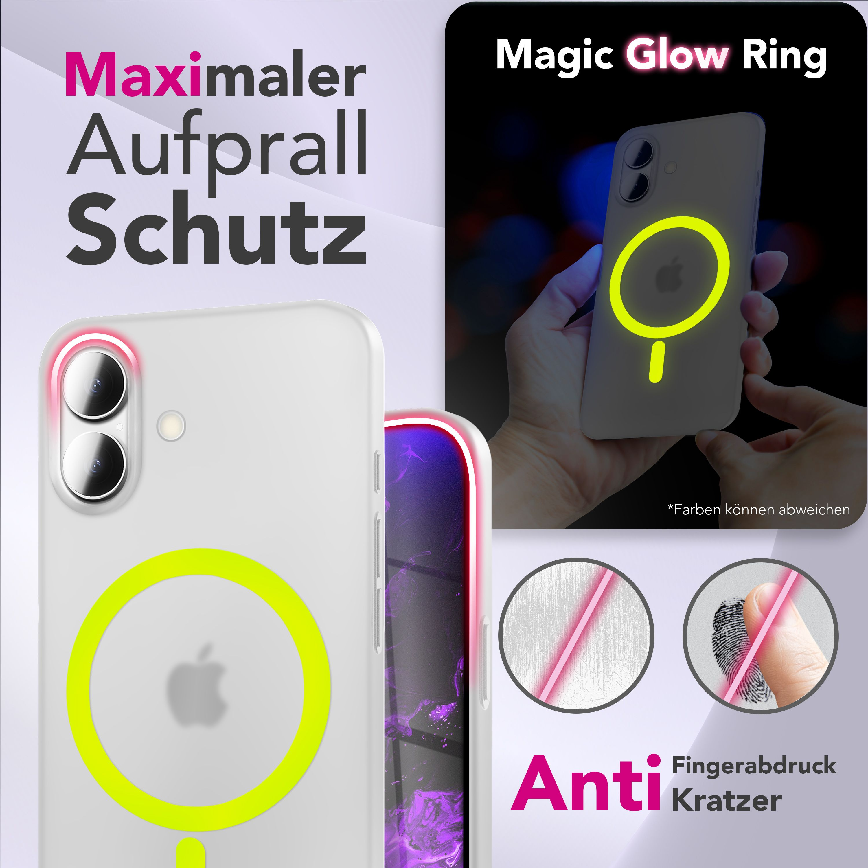 Eine Handyhülle mit leuchtend gelbem Ring und Text mit der Aufschrift 'Magic Glow Ring' und 'Anti Fingerprint'.