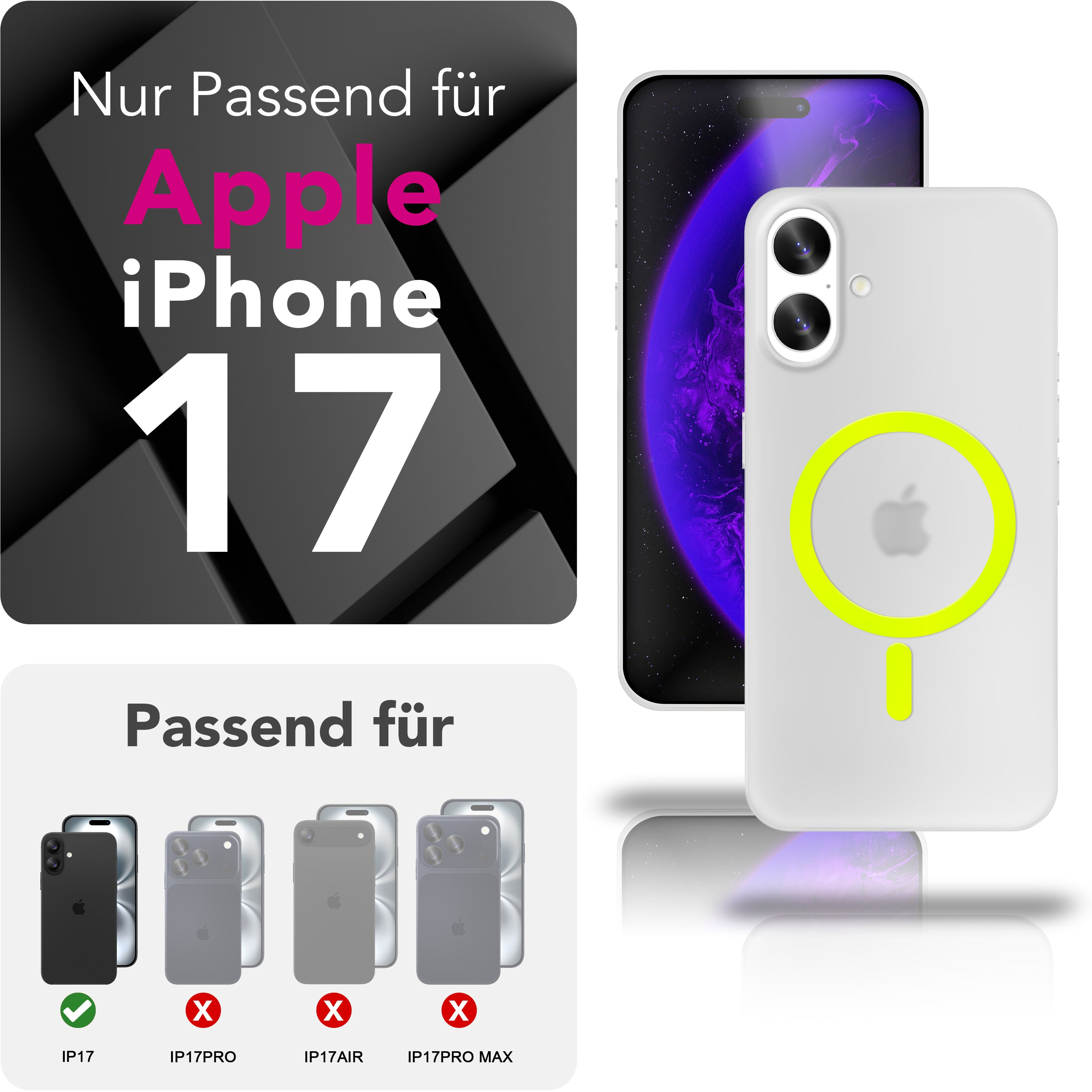 Das Bild zeigt eine iPhone 17 Hülle. Text lautet: 'Nur Passend für Apple iPhone 17'. Kompatibilität mit iPhone-Modellen wird angezeigt.