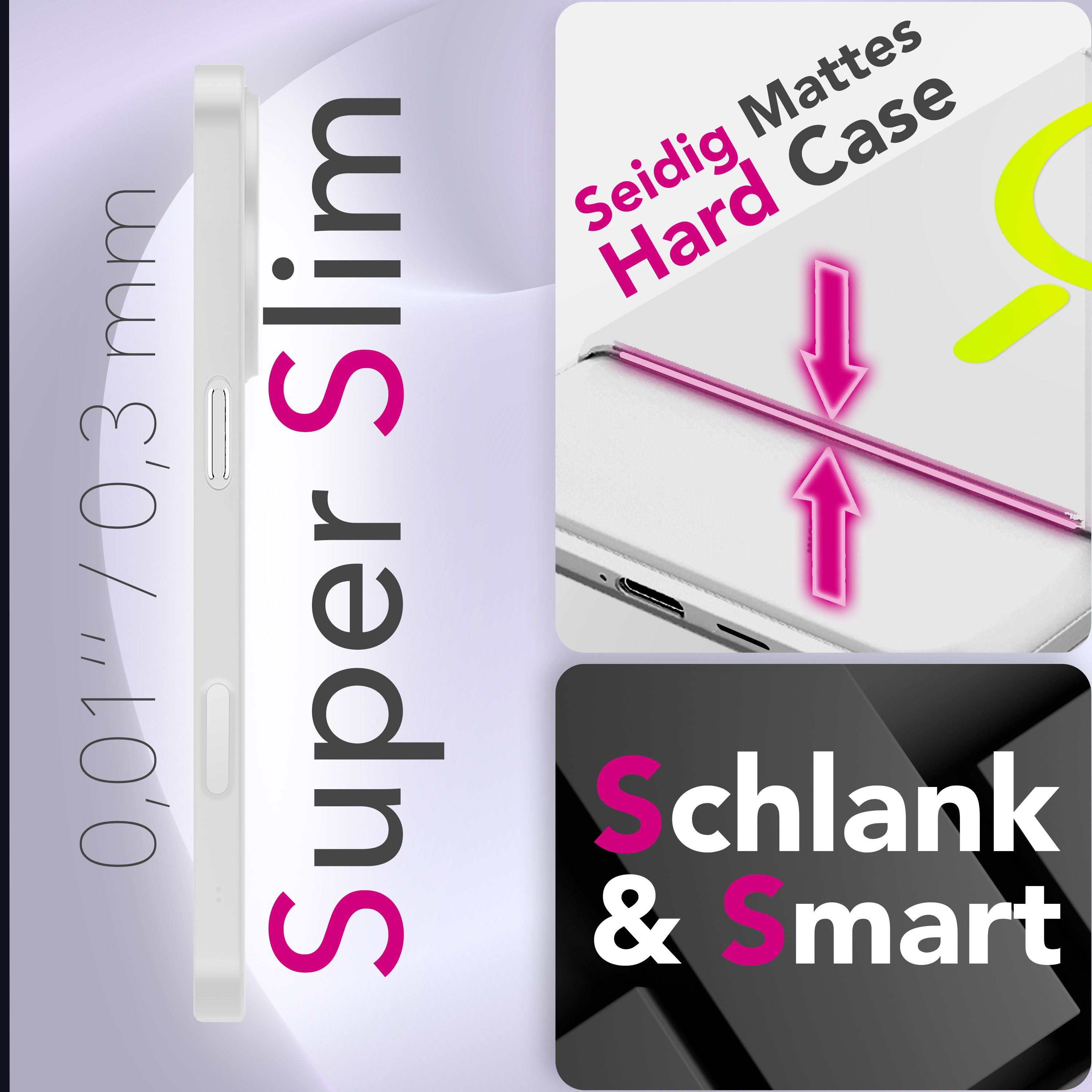Das Bild zeigt eine weiße Handyhülle mit Text: 'Super Slim', 'Seidig Mattes Hard Case' und 'Schlank & Smart'.