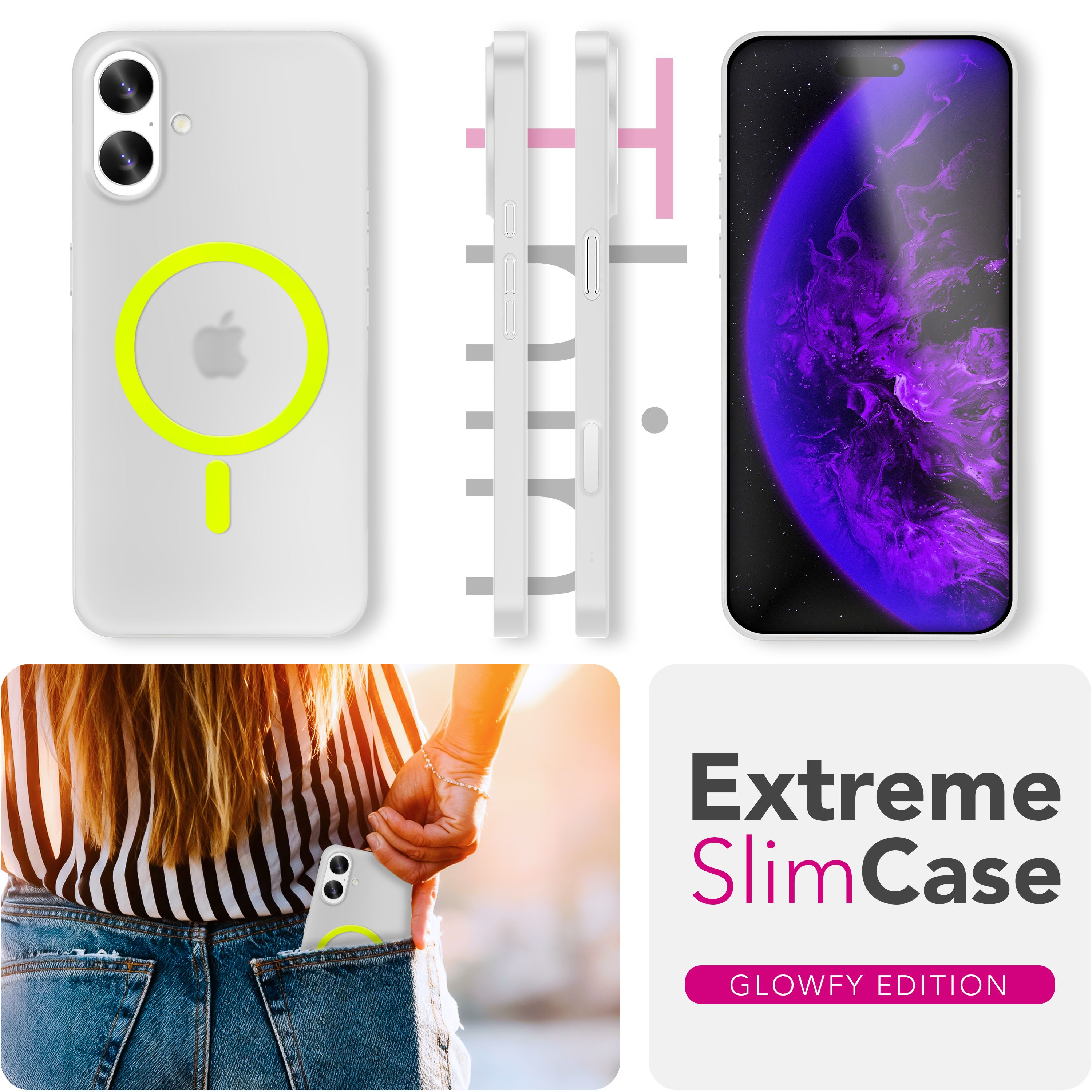 Das Bild zeigt eine Handyhülle, ein Handy mit einem lila Planeten-Hintergrundbild und eine Person mit einem Handy in der Tasche.