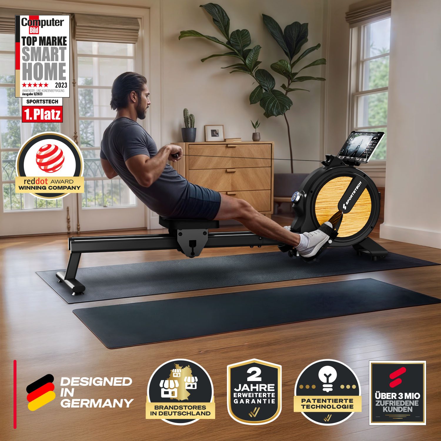Ein Mann rudert auf einer Sportstech-Maschine. Die Szene spielt in einem modernen Raum mit Auszeichnungen und Logos. Die Maschine hat einen Bildschirm.