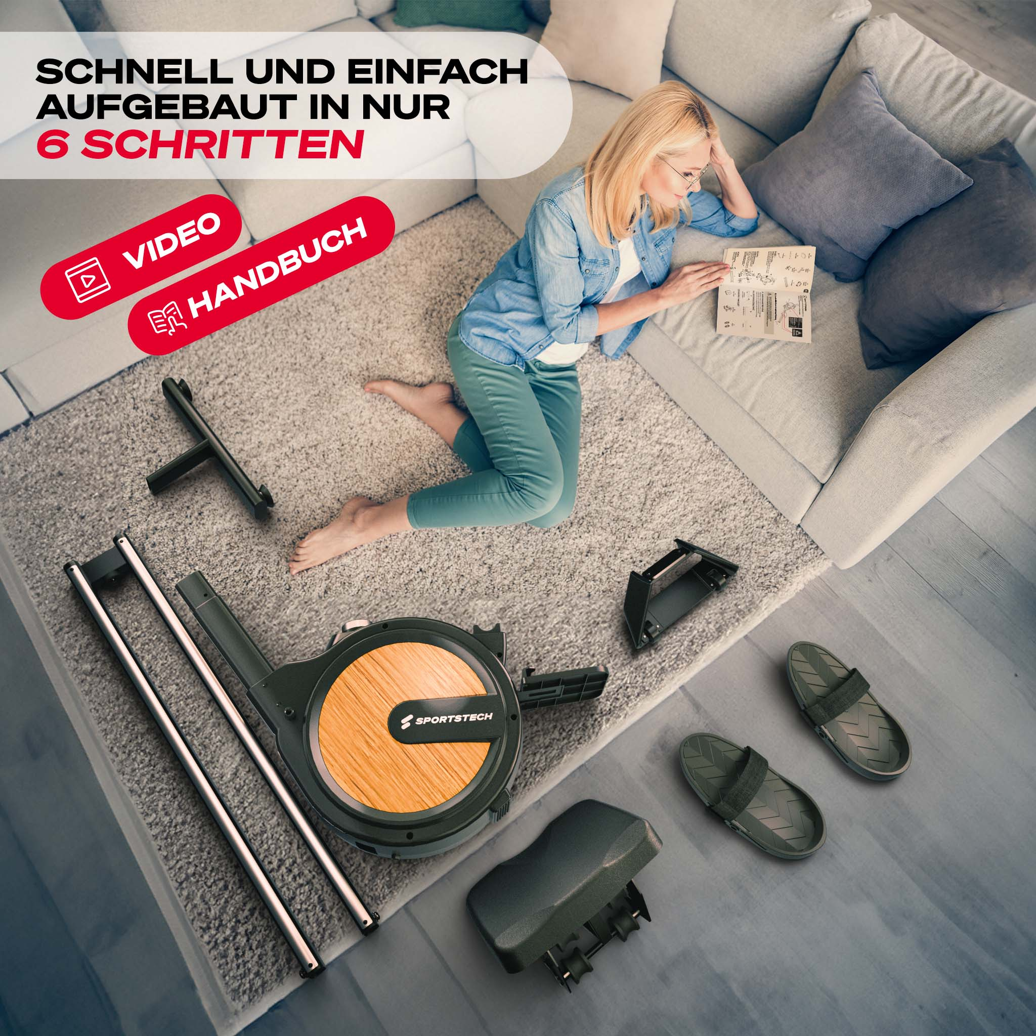 Frau mit Brille liest Anleitung für Rudermaschine. Maschinenteile liegen auf dem Boden.