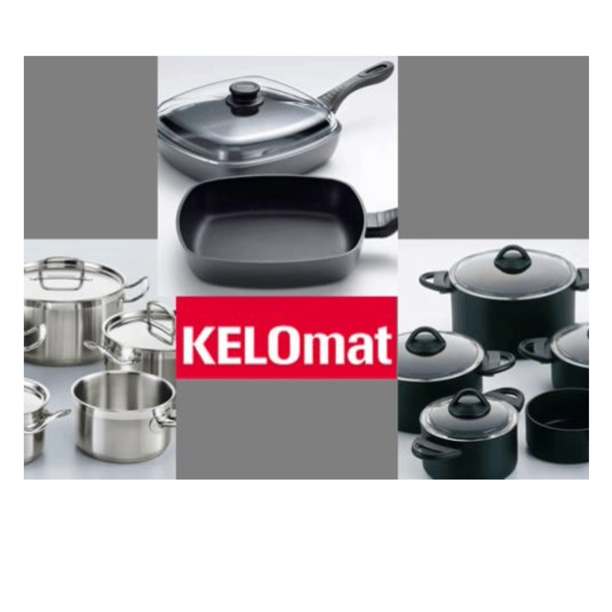 Sortiment an Kochgeschirr: Edelstahl-Töpfe, eine schwarze Pfanne und Töpfe mit Deckel. Das Kelomat-Logo ist sichtbar.