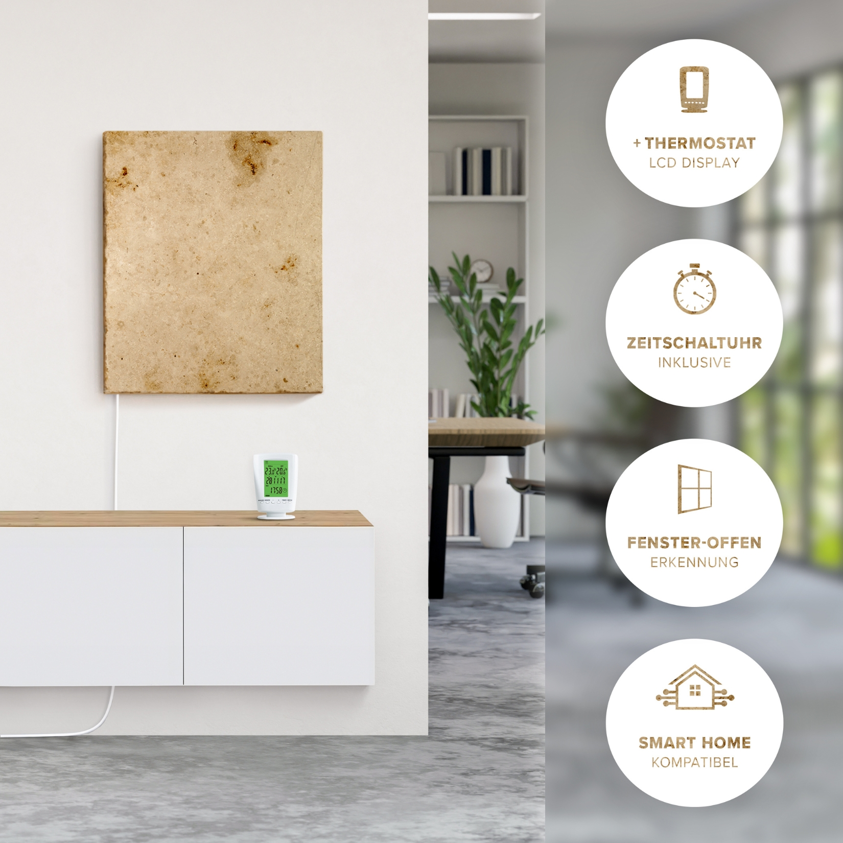 An der Wand montierter Thermostat. Er hat einen weißen Schrank mit Holzplatte, eine Digitaluhr oben. Symbole zeigen Funktionen.
