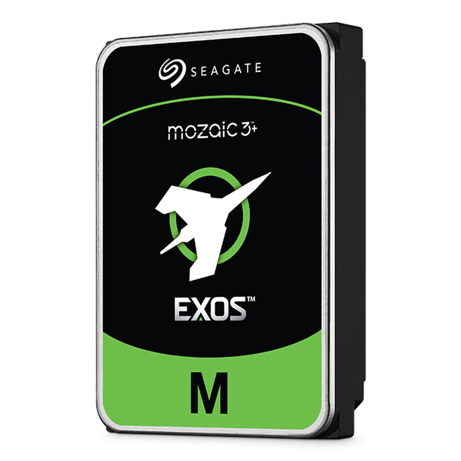 Dysk twardy Seagate Exos. Czarno-zielona etykieta z logo Seagate, 'mozaic 3+' i białą stylizowaną formą.