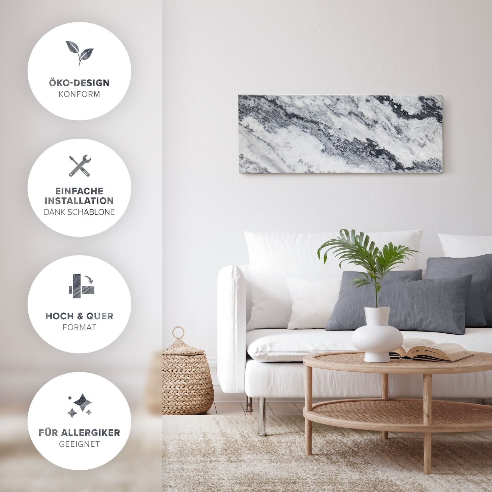 Ein Wohnzimmer mit weißem Sofa, rundem Tisch und Gemälde an der Wand. Kissen und Pflanzen fügen Details hinzu. Auch Icons mit Text.