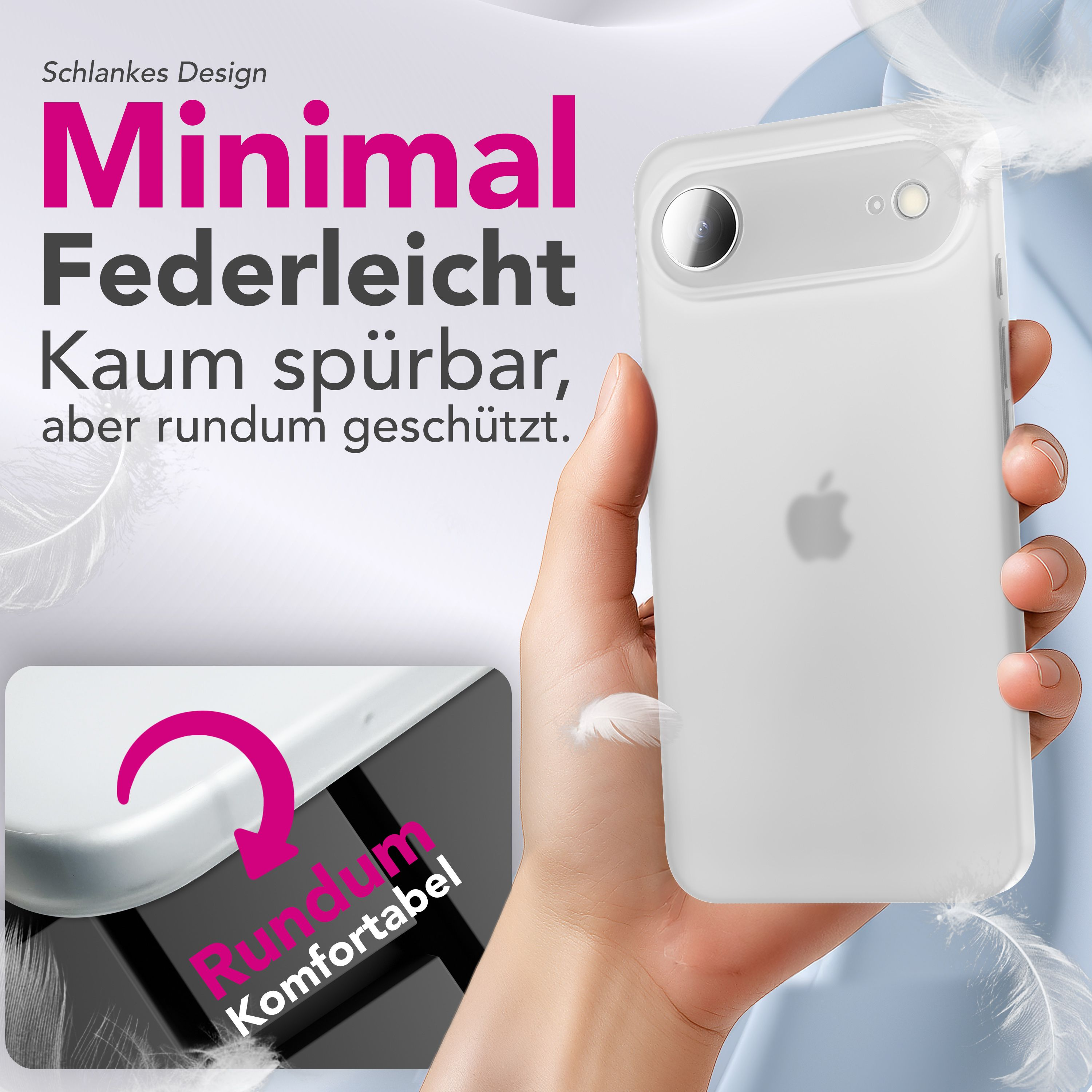 Hand hält eine weiße Handyhülle mit Text und Federn. Der Hintergrund hat Text und eine gebogene Form.