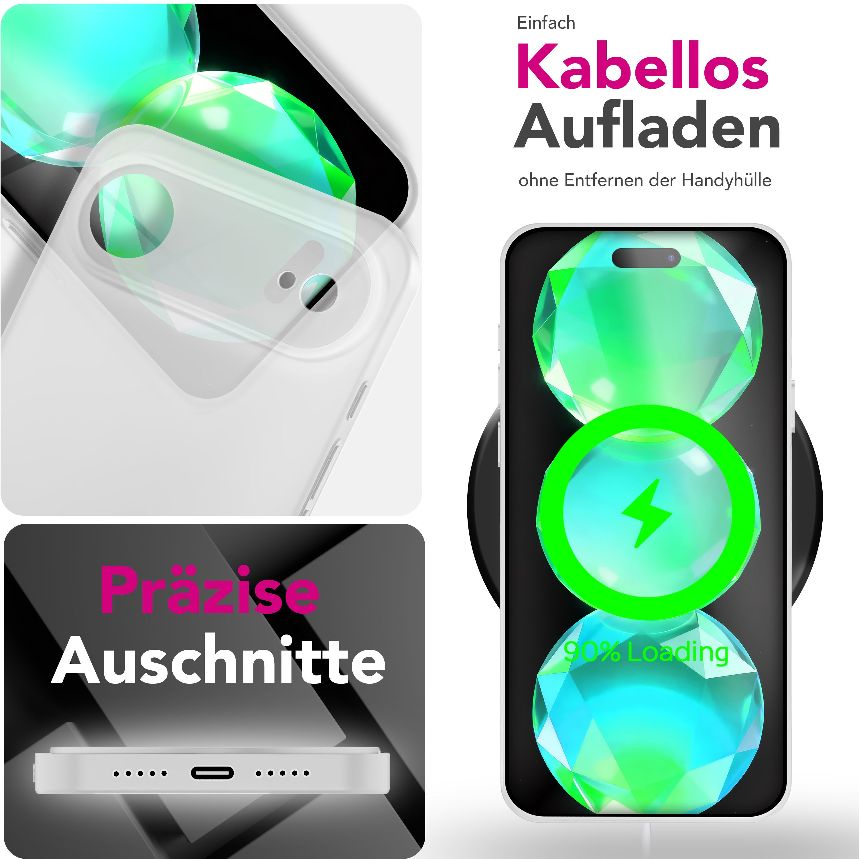 Das Bild zeigt ein kabelloses Aufladen des Telefons. Grafiken zeigen Telefon und Ladepad. Text hebt Merkmale wie präzise Ausschnitte hervor.