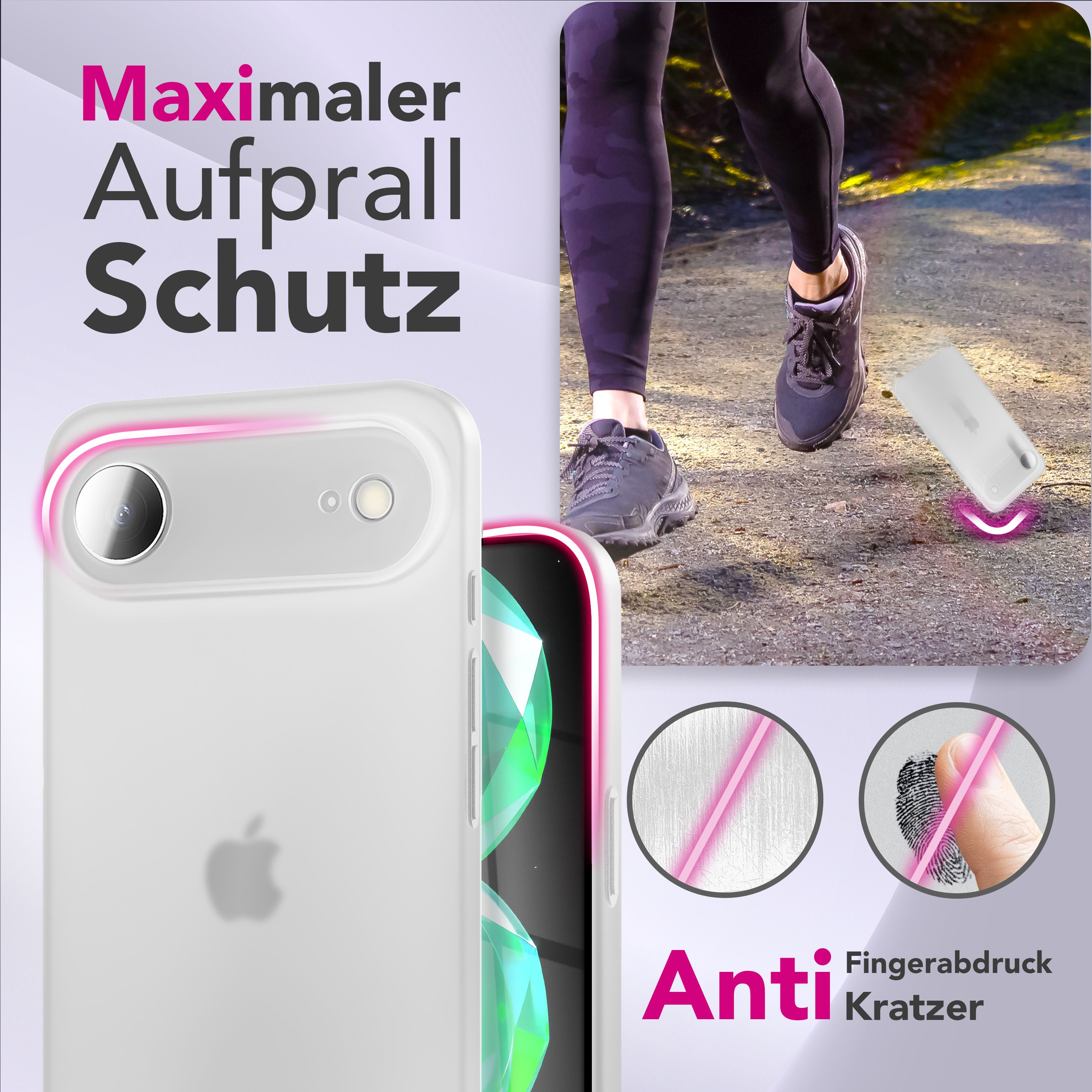 Eine Person rennt, Handyhülle und deutscher Text. Das Bild zeigt Schutzfunktionen. Pinke Akzente heben das Telefon hervor.