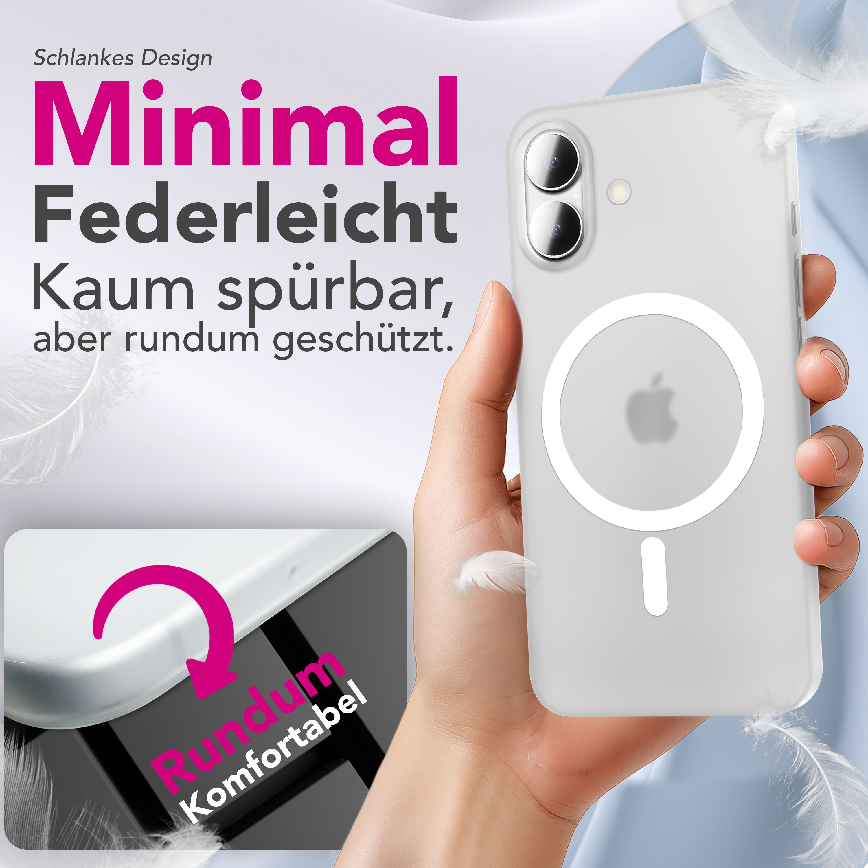 Eine Hand hält eine Handyhülle mit Apple-Logo. Text: 'Minimal Federleicht'. Federn schweben um das Telefon.