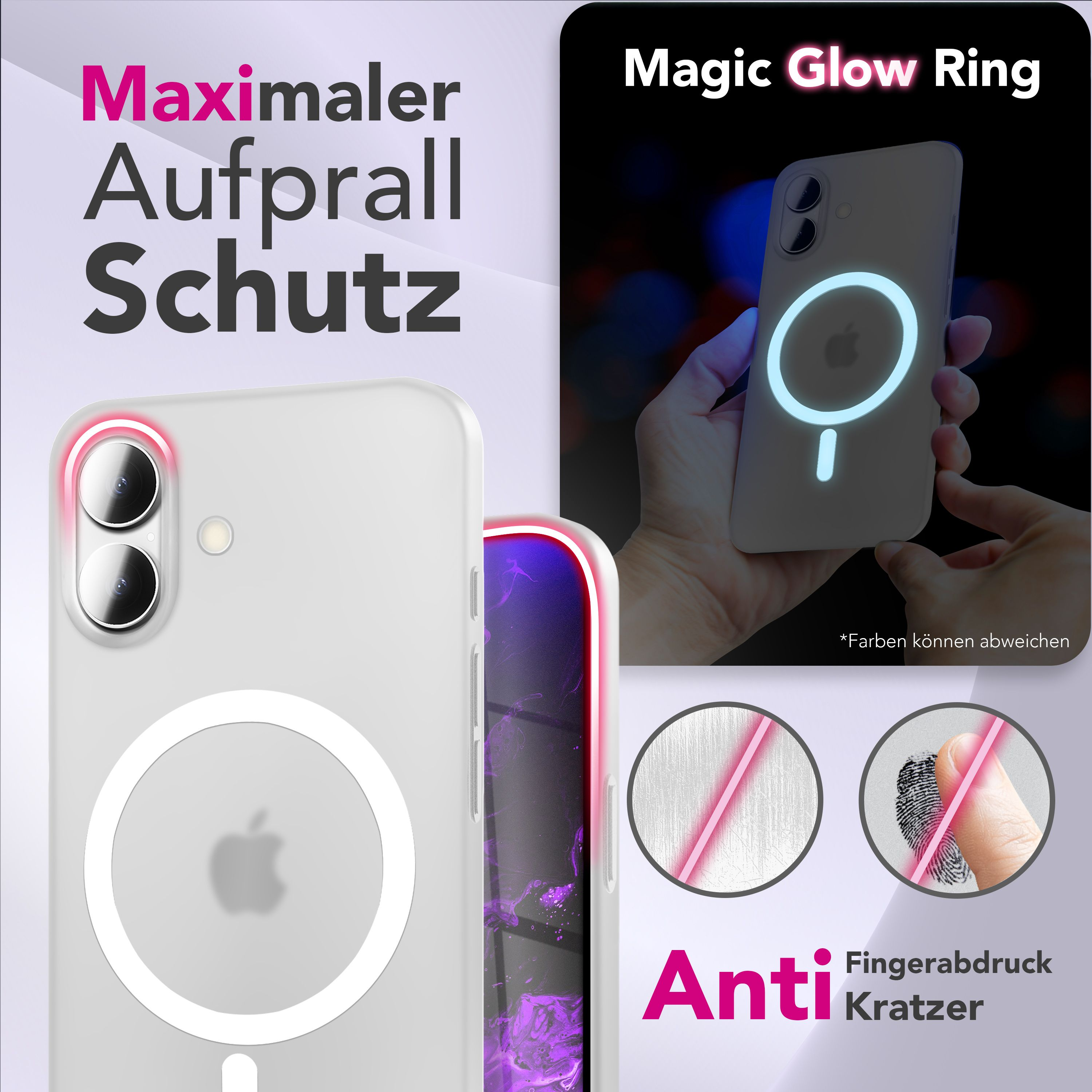 Eine Handyhülle mit Leuchtring und dem Text 'Magic Glow Ring', sowie Anti-Kratz- und Fingerabdruck-Funktionen.