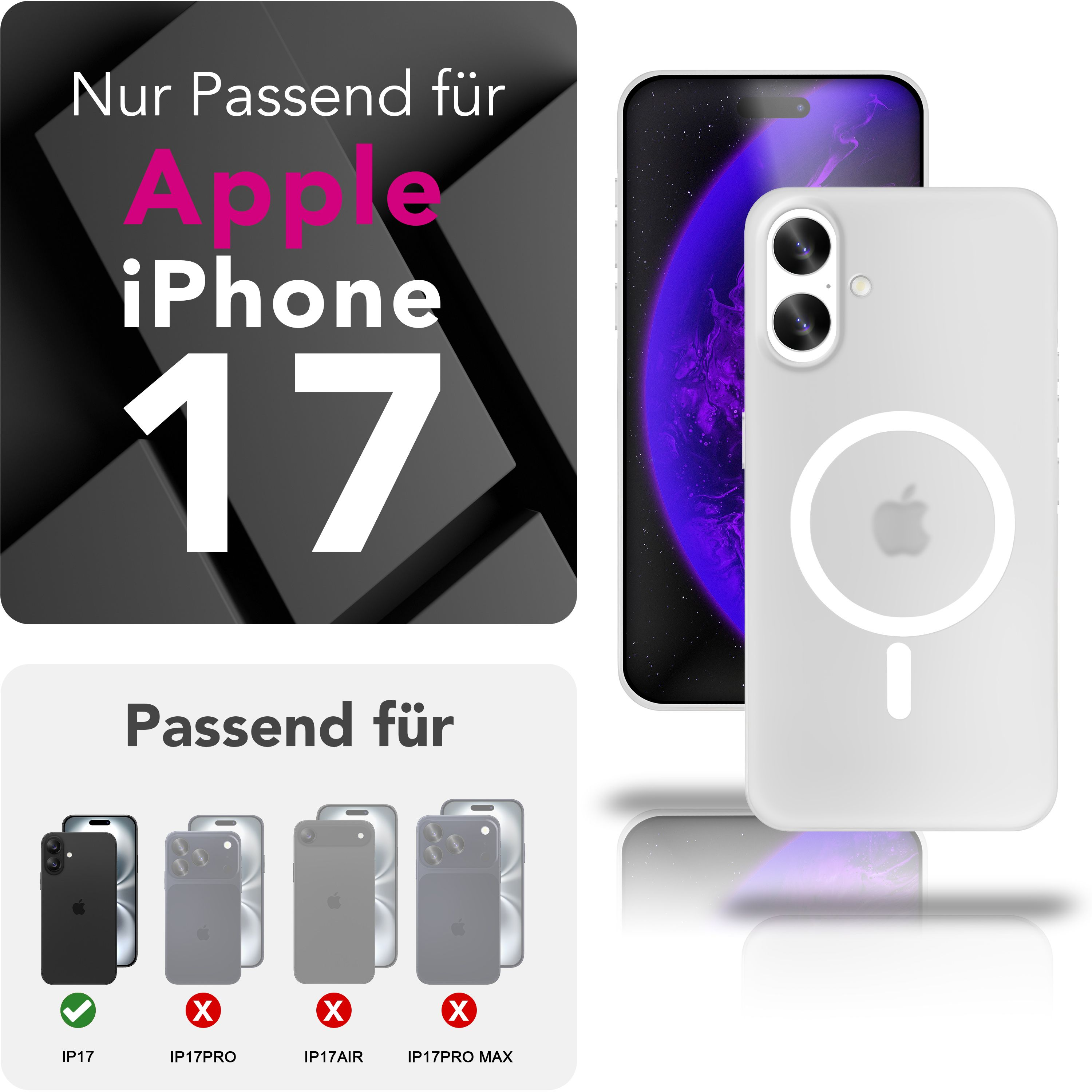 Das Bild zeigt ein iPhone mit weißer Hülle. Text: 'Nur Passend für Apple iPhone 17'. Andere Modelle durchgestrichen.