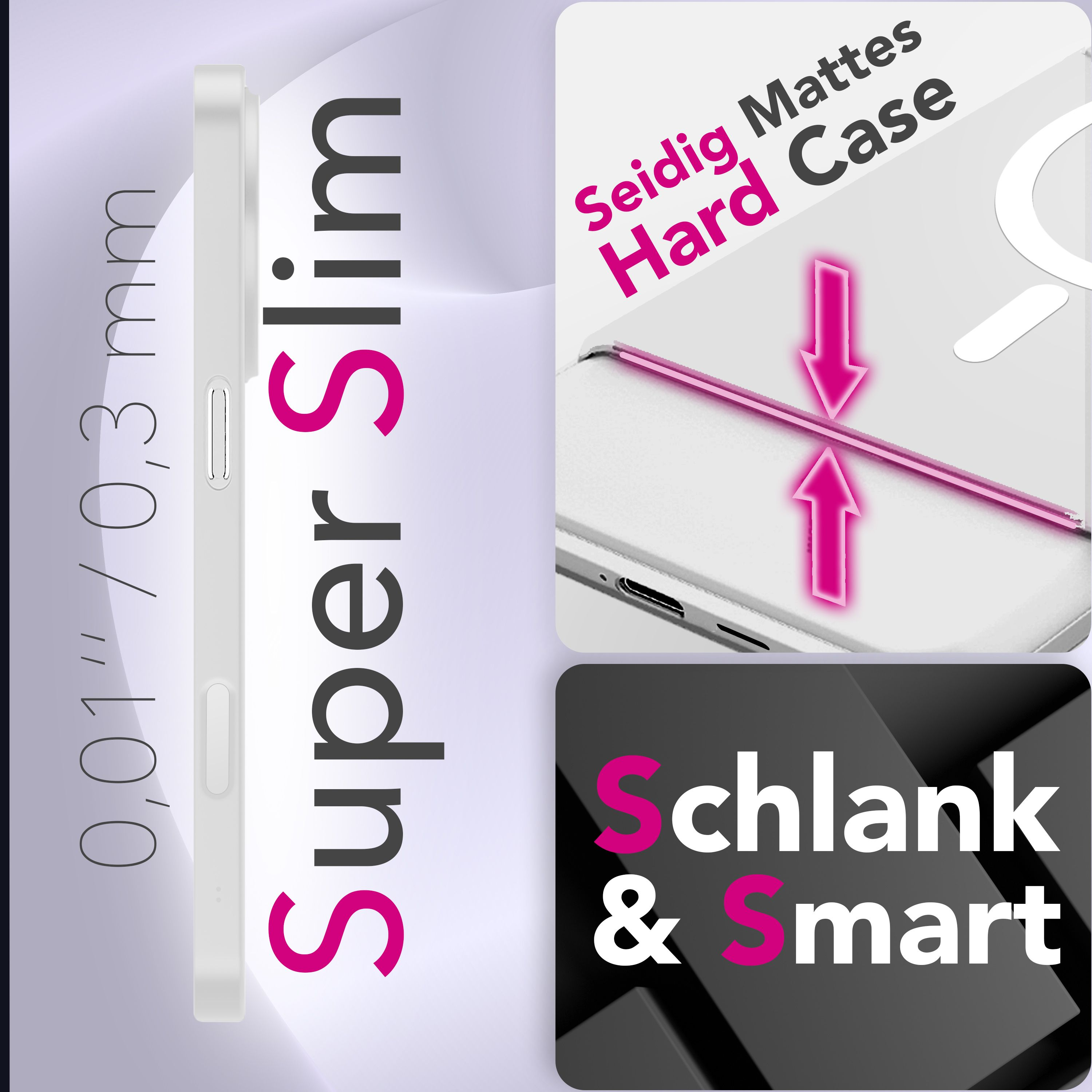 Bild zeigt eine Handyhülle mit Texten 'Super Slim', 'Seidig Mattes Hard Case' und 'Schlank & Smart'.