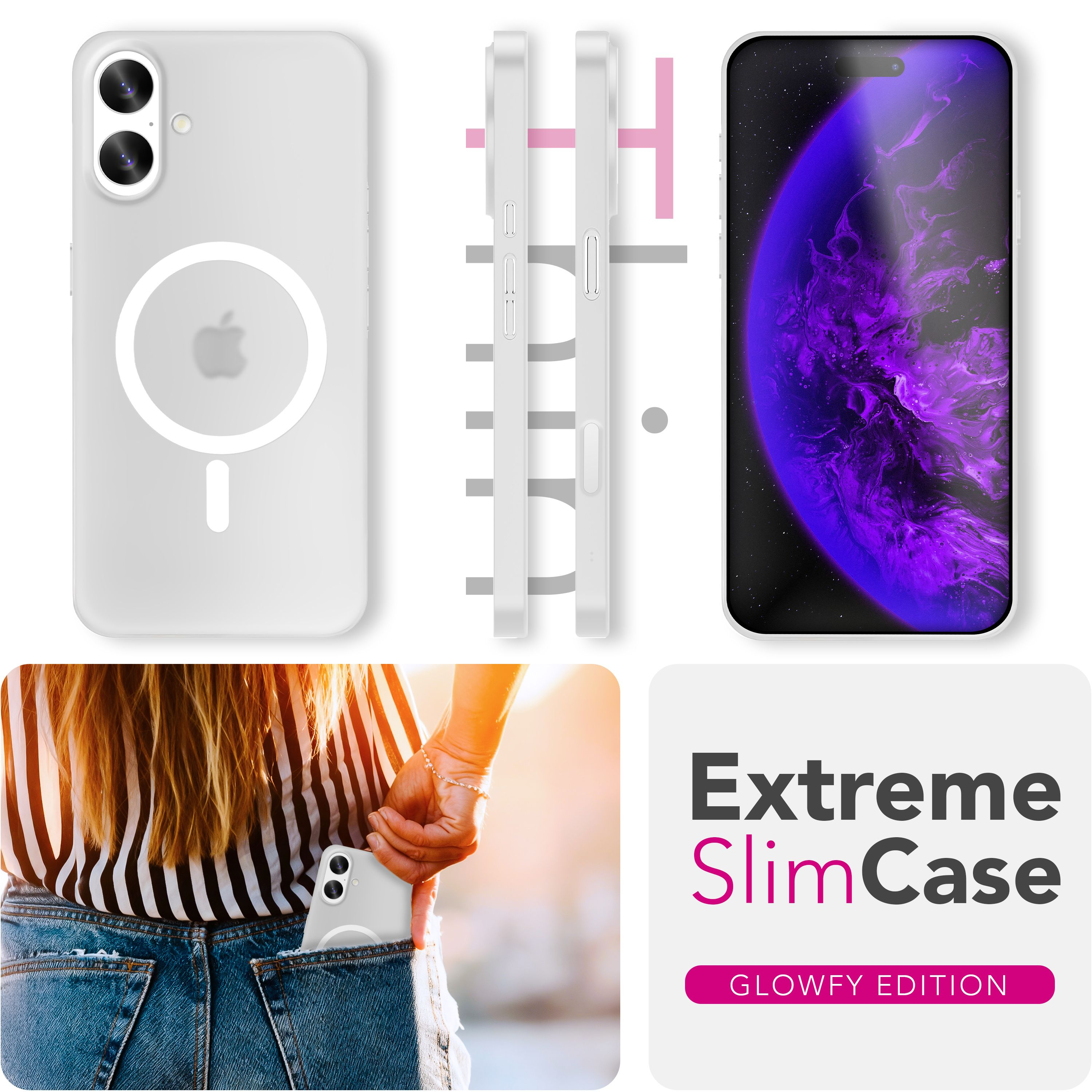 Das Bild zeigt Handyhüllen, ein Telefon in der Tasche und Text für 'Extreme SlimCase'. Hüllen sind weiß mit MagSafe-Kreis.