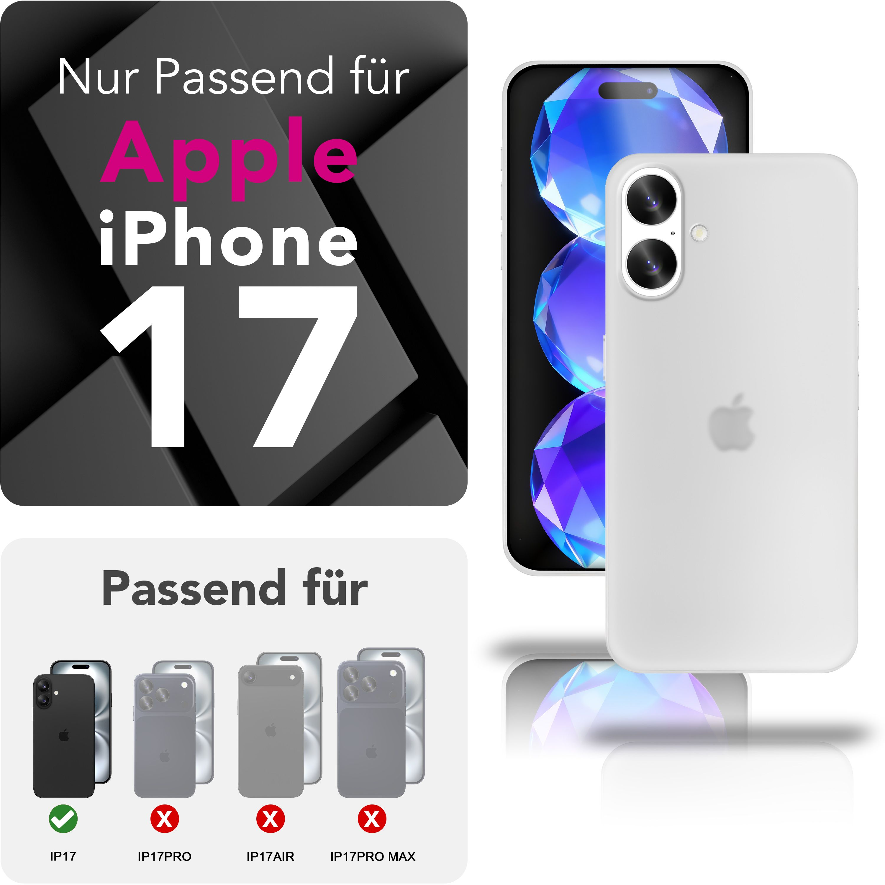 Bild zeigt eine iPhone 17 Hülle. Text zeigt, dass es für Apple iPhone 17 ist. Andere Modelle sind durchgestrichen.