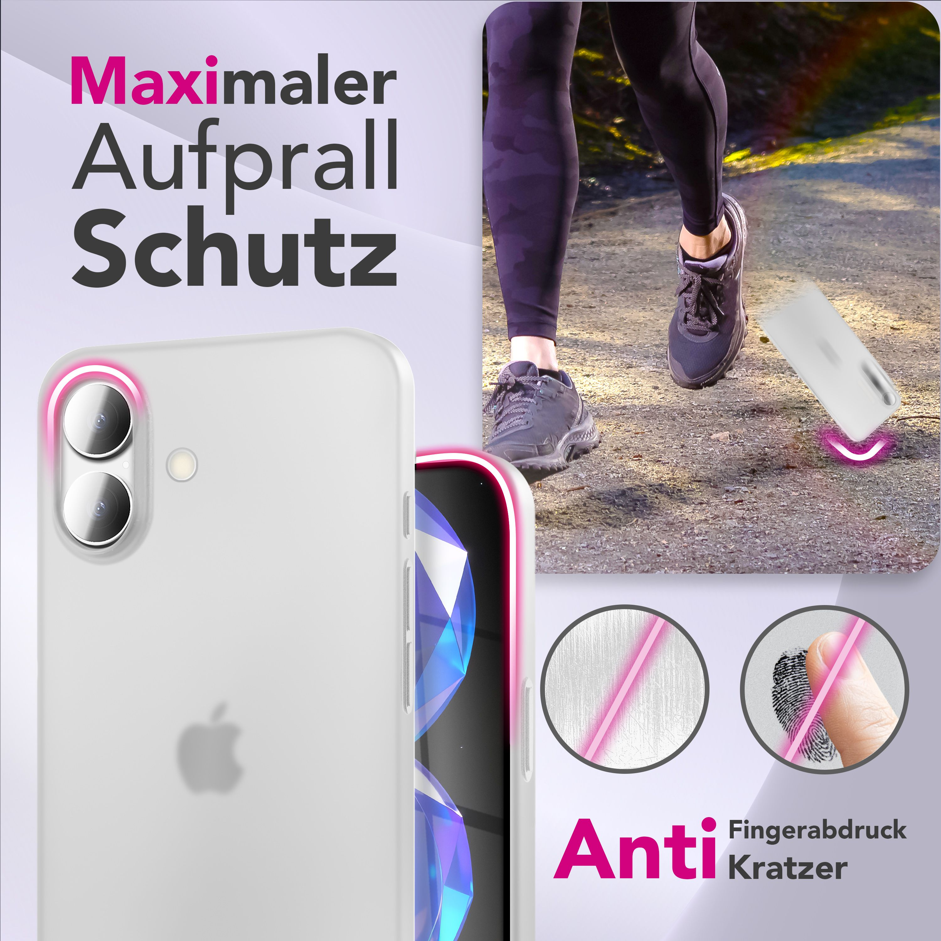 Das Bild zeigt eine Handyhülle, eine laufende Person und Text. Es steht 'Maximaler Aufprall Schutz' und 'Anti Fingerabdruck Kratzer'.