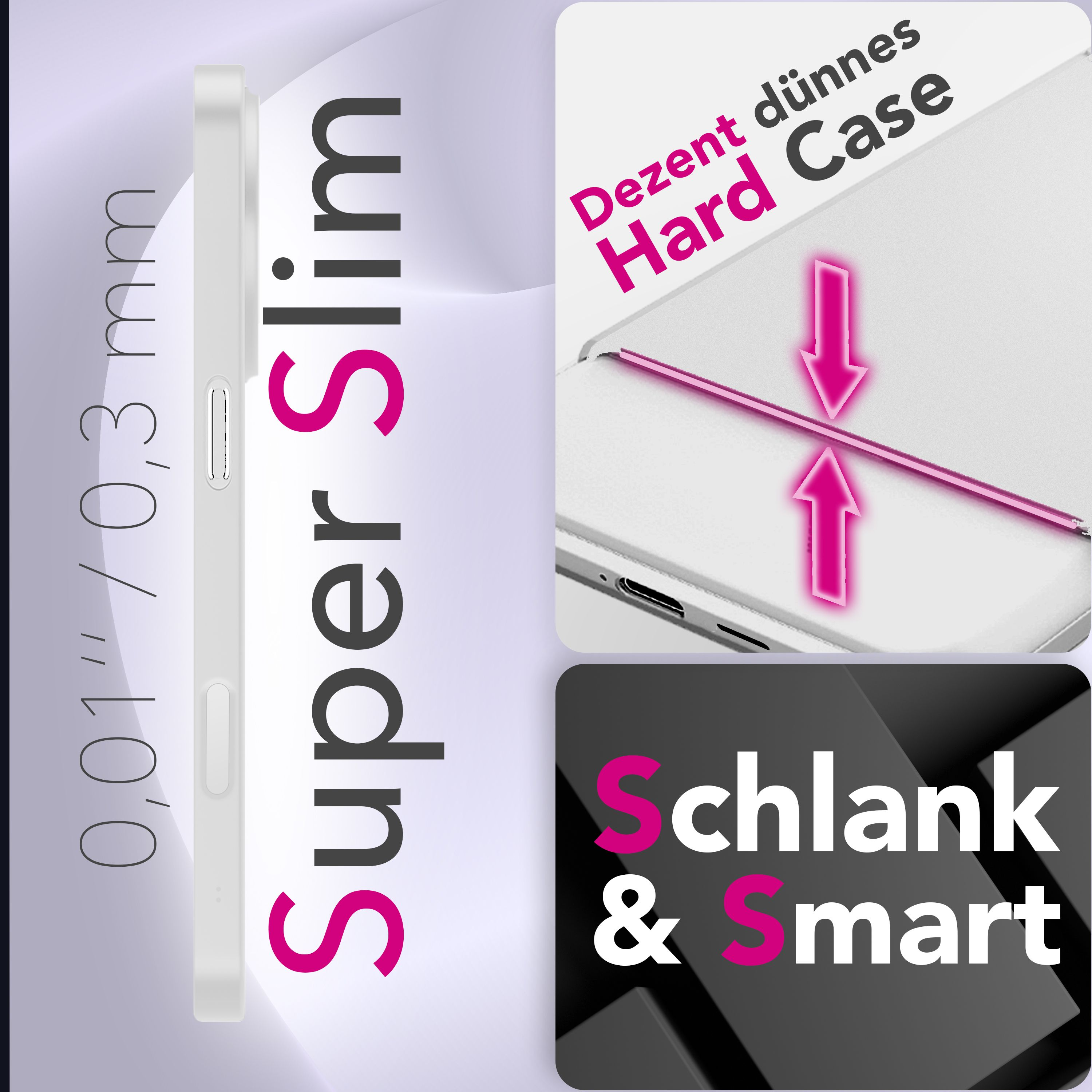 Eine weiße Handyhülle. Text enthält 'Super Slim', '0,01"/0,3 mm' und 'Hard Case'. Auch 'Schlank & Smart'.