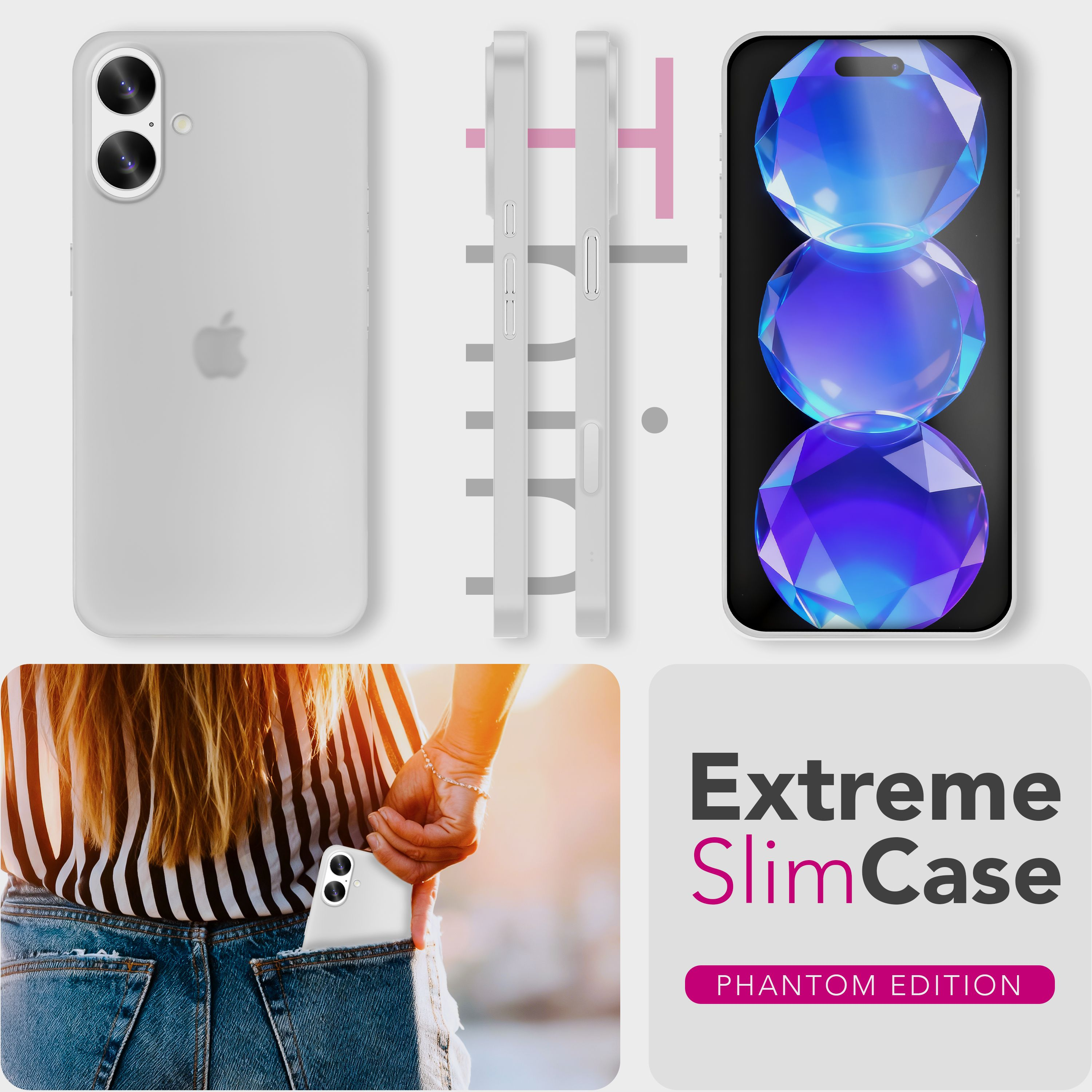 Das Bild zeigt Handyhüllen, ein Handy in einer Tasche und den Text 'Extreme SlimCase Phantom Edition'.