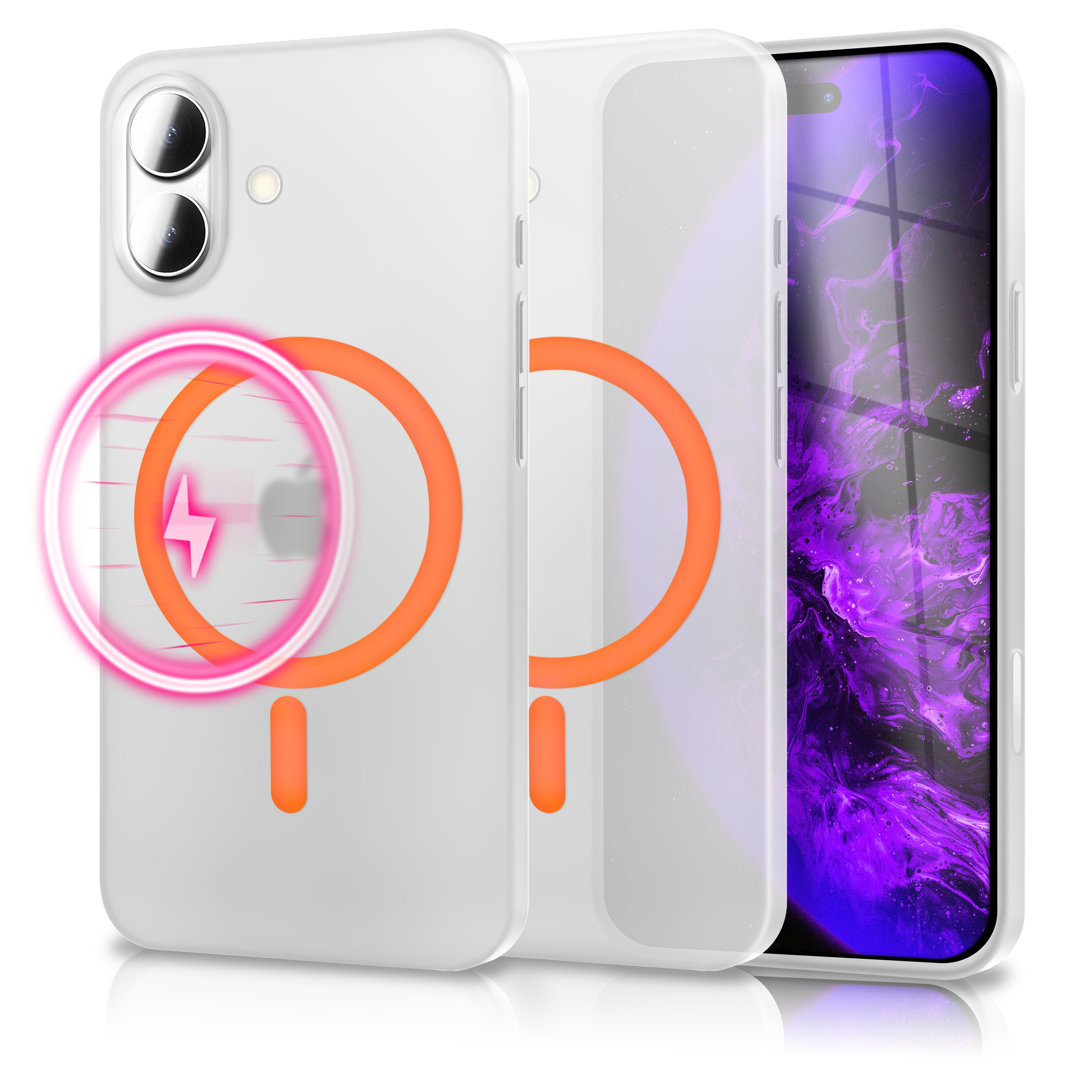 Weiße Handyhüllen mit orangefarbenen Kreisen, einem Blitz und einem lila Bildschirm. Das Design hat einen weißen Hintergrund.