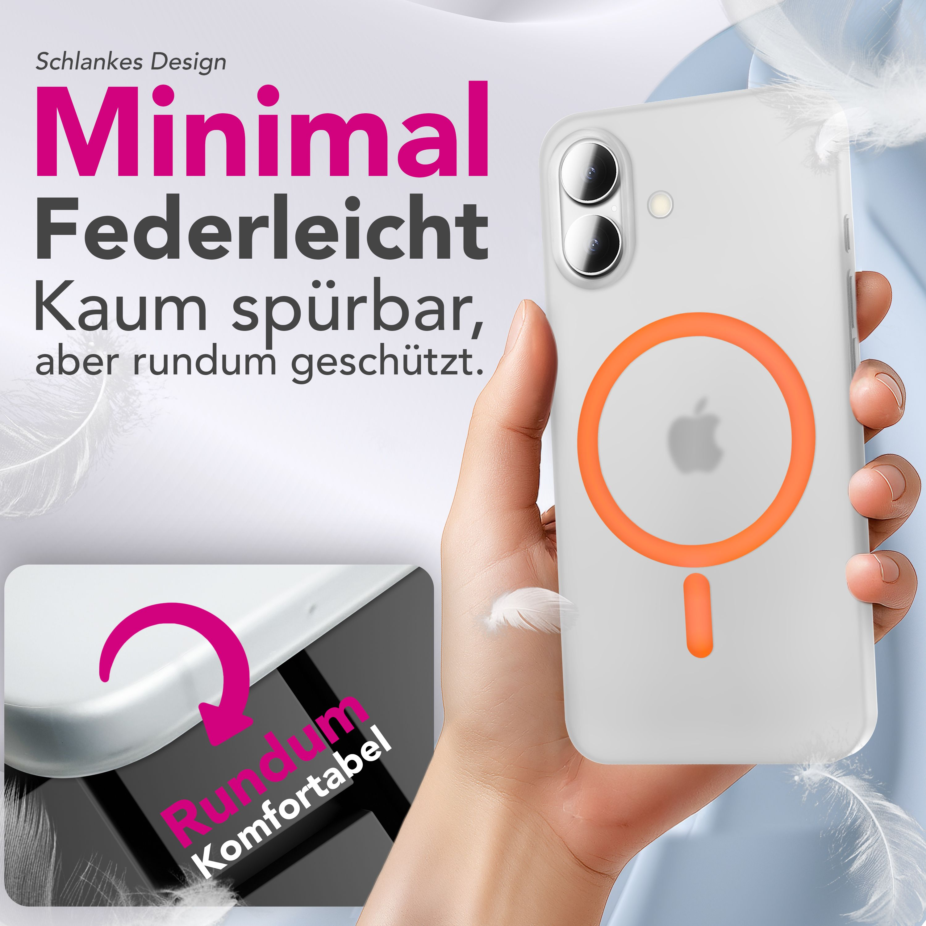 Hand hält eine Handyhülle mit Apple-Logo, orangefarbenem Kreis und pinkfarbenem Pfeil. Text: Minimal, Federleicht, kaum spürbar.