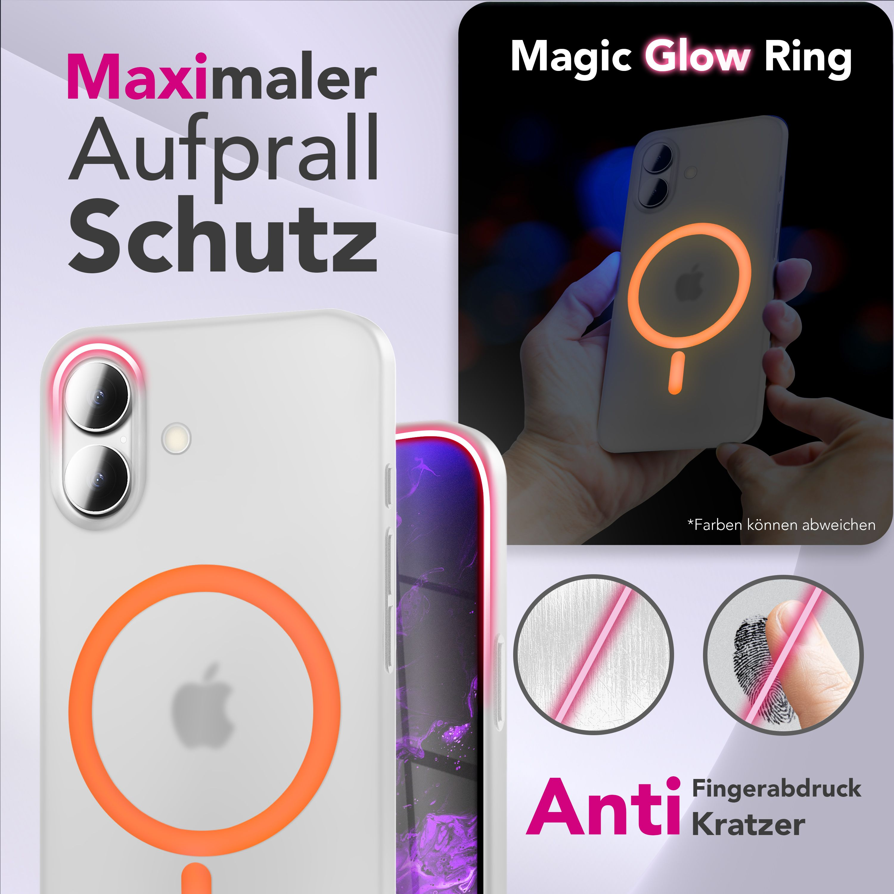 Das Bild zeigt eine Handyhülle mit einem leuchtenden Ring. Der Text enthält 'Maximaler Aufprall Schutz' und 'Magic Glow Ring'.