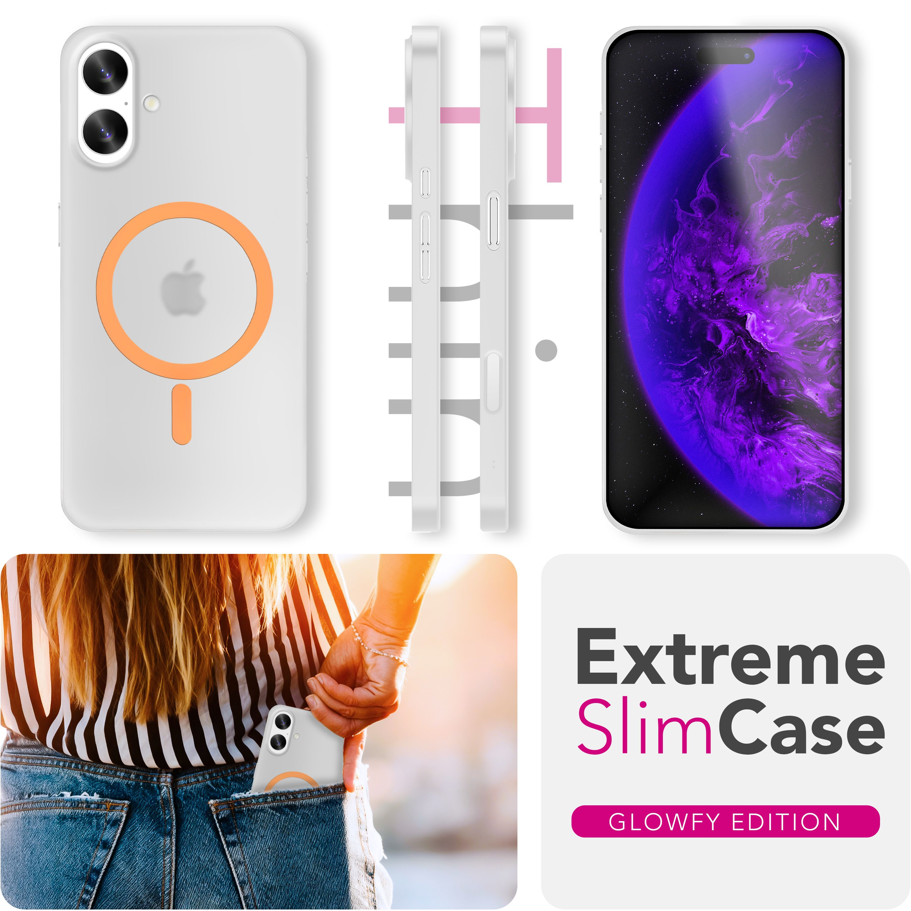 Bild zeigt eine Handyhülle, ein Handy und eine Person mit einem Handy in der Tasche. Text: Extreme SlimCase.
