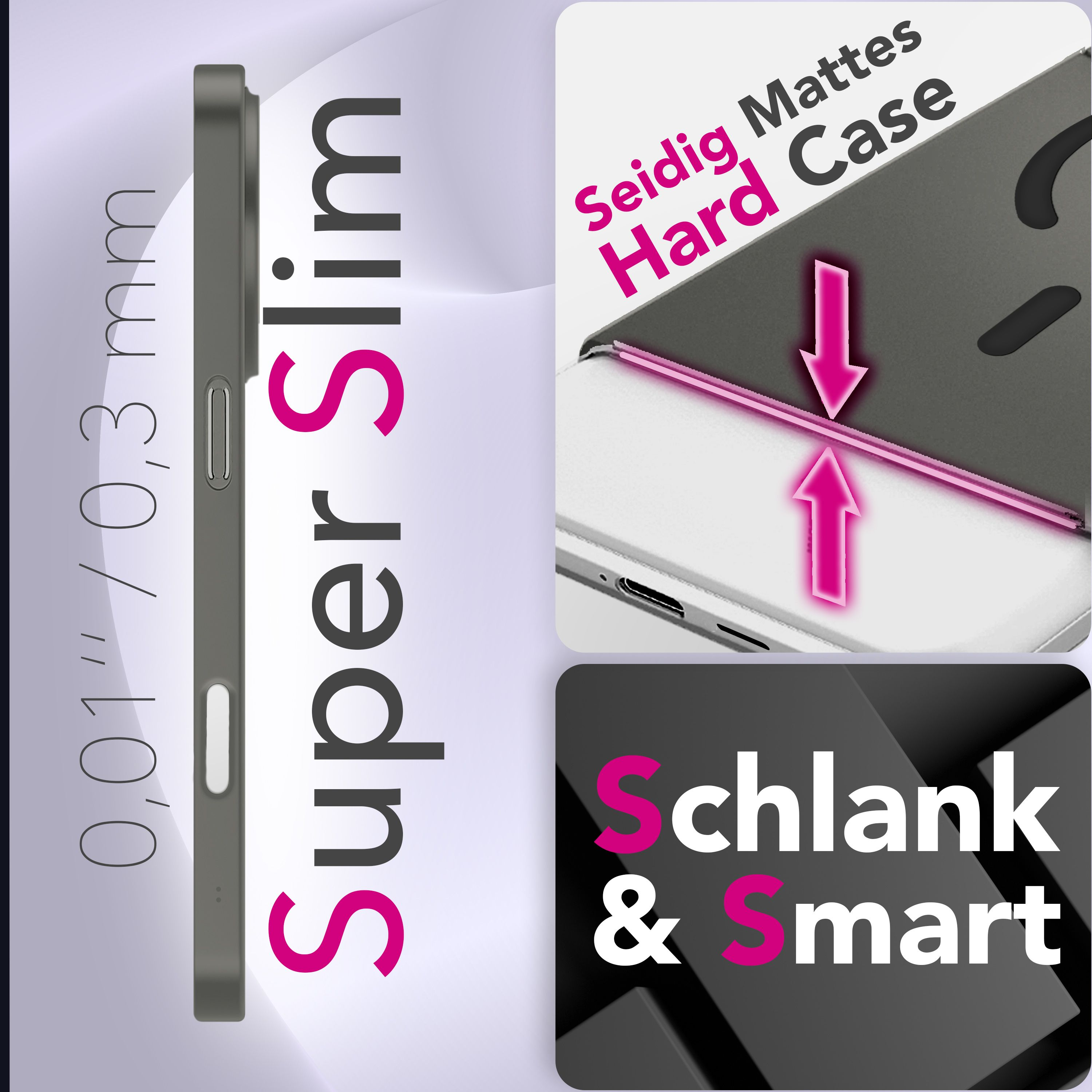Werbung für eine Handyhülle. Es steht 'Super Slim', 'Seidig Mattes Hard Case' und 'Schlank & Smart'.