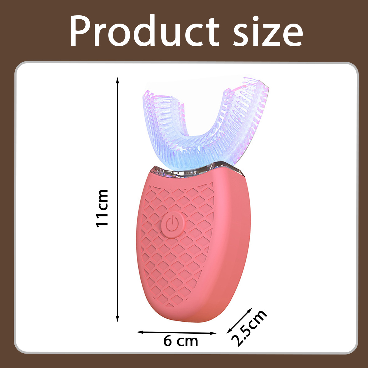 Eine rosa U-förmige Zahnbürste mit den Maßen: 11 cm hoch, 6 cm breit und 2,5 cm tief. Die Produktgröße ist darüber abgebildet.